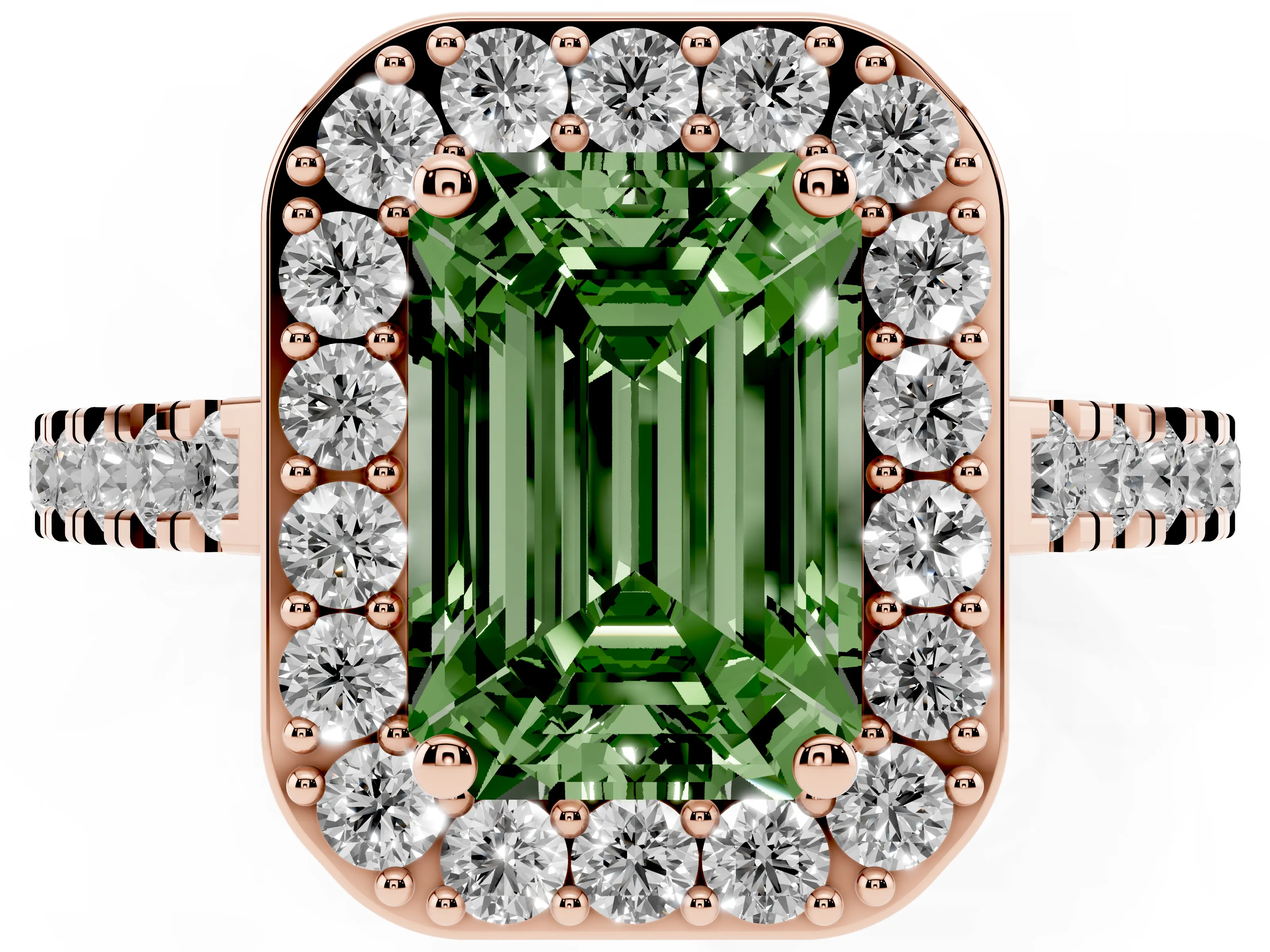 Fancy Green Emerald Cut Diamond Halo Ring Set in Rose gold with Round Pavé Split Shank and Prong Setting