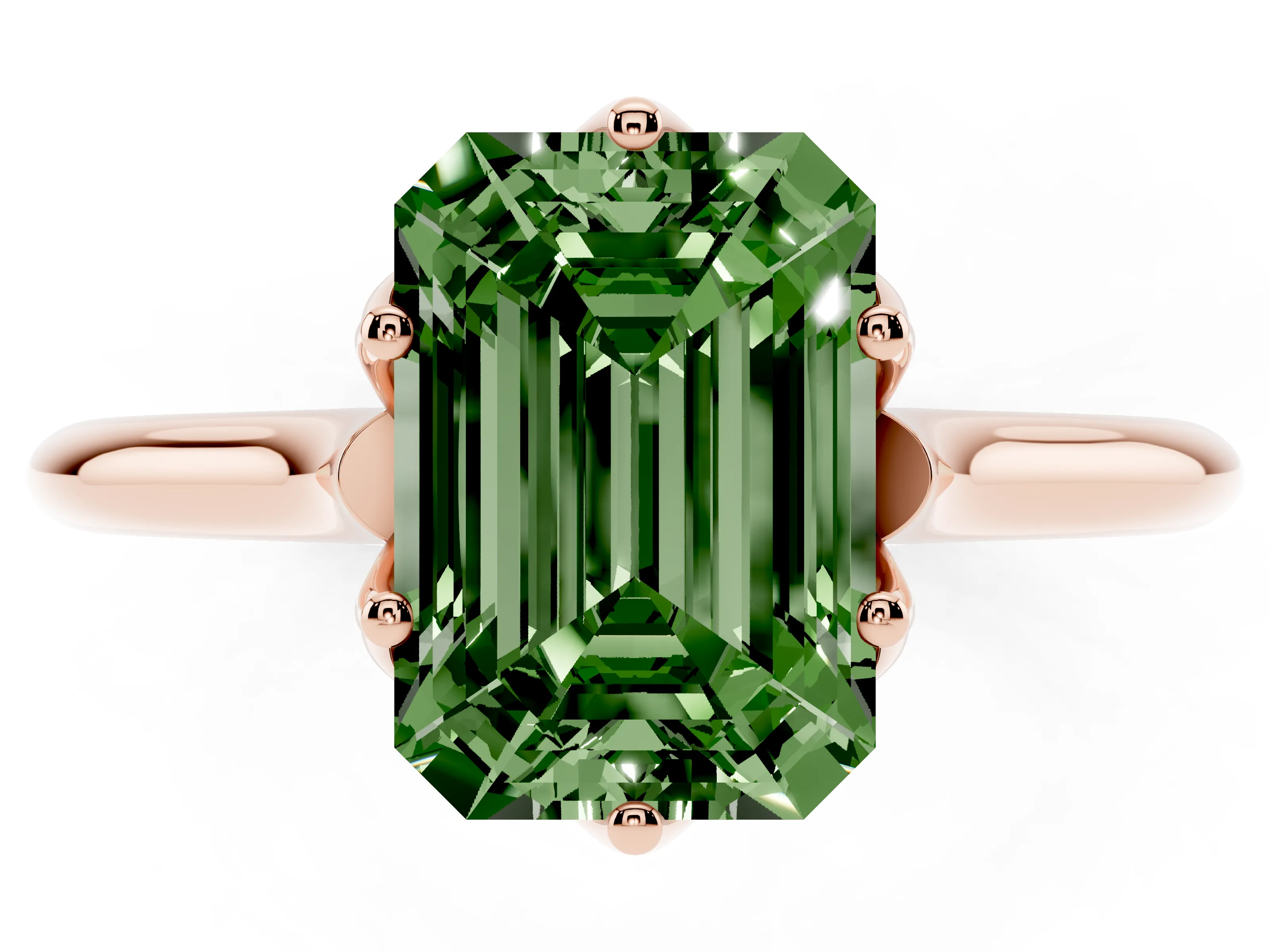 Fancy Green Emerald Cut Diamond Solitaire Cathedral Ring Set in Rose gold with Prong Setting