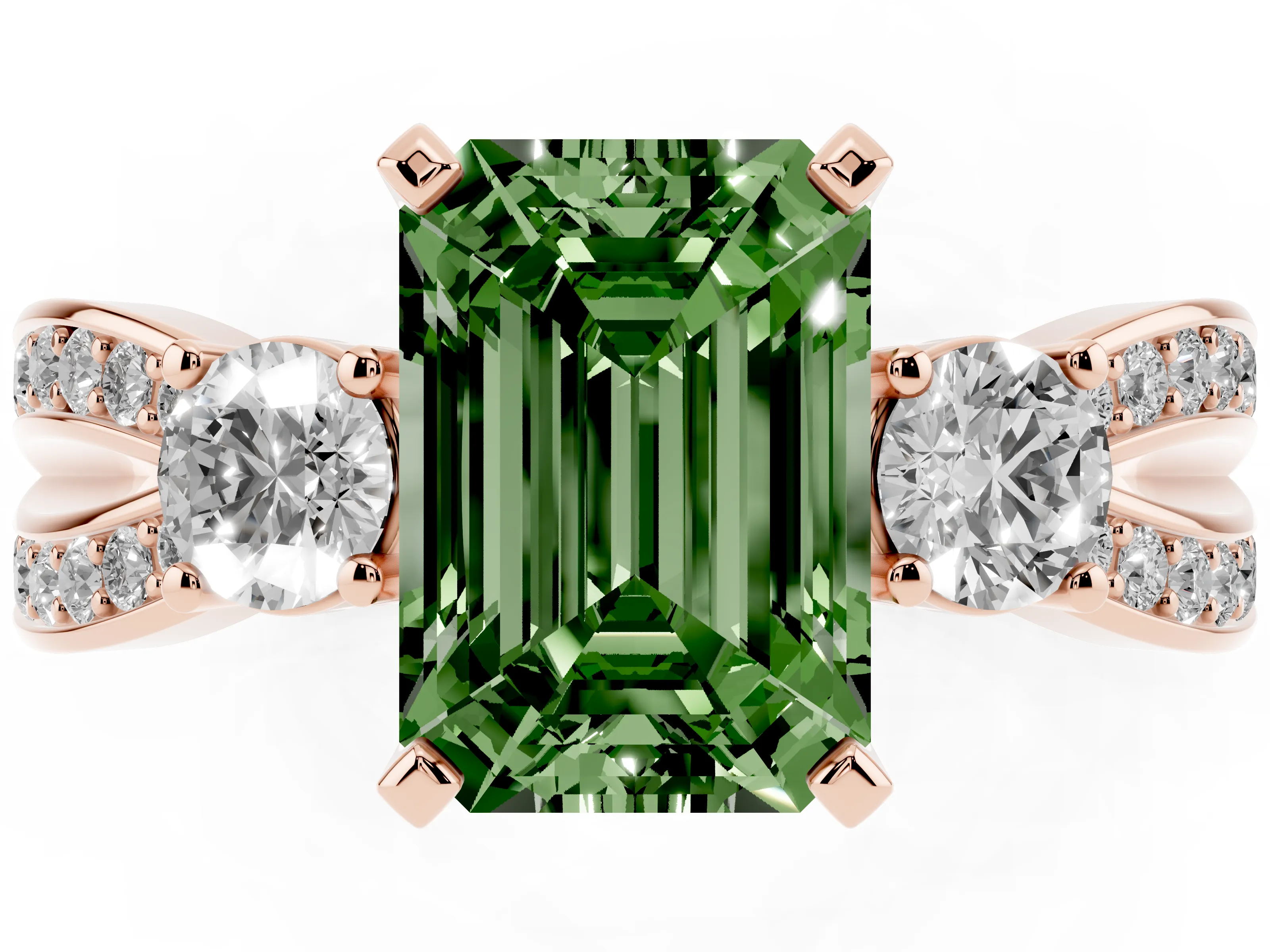 Fancy Green Three-Stone Emerald Cut Diamond Twist Band Ring Set in Rose gold with Pavé Accents and Prong Setting