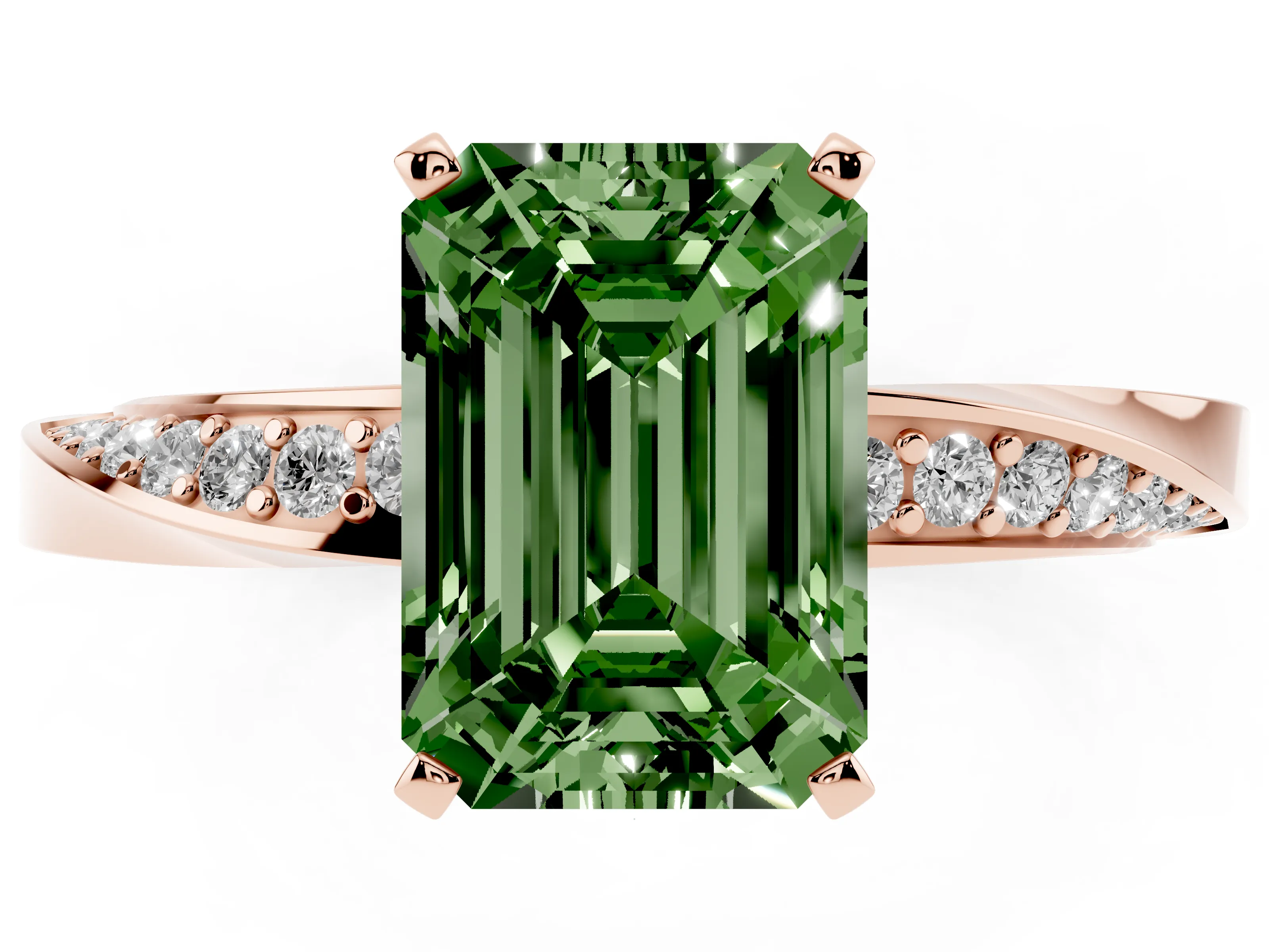 Fancy Green Emerald Cut Diamond Engagement Ring Set in Rose gold with Side Stone Accents and Prong Setting