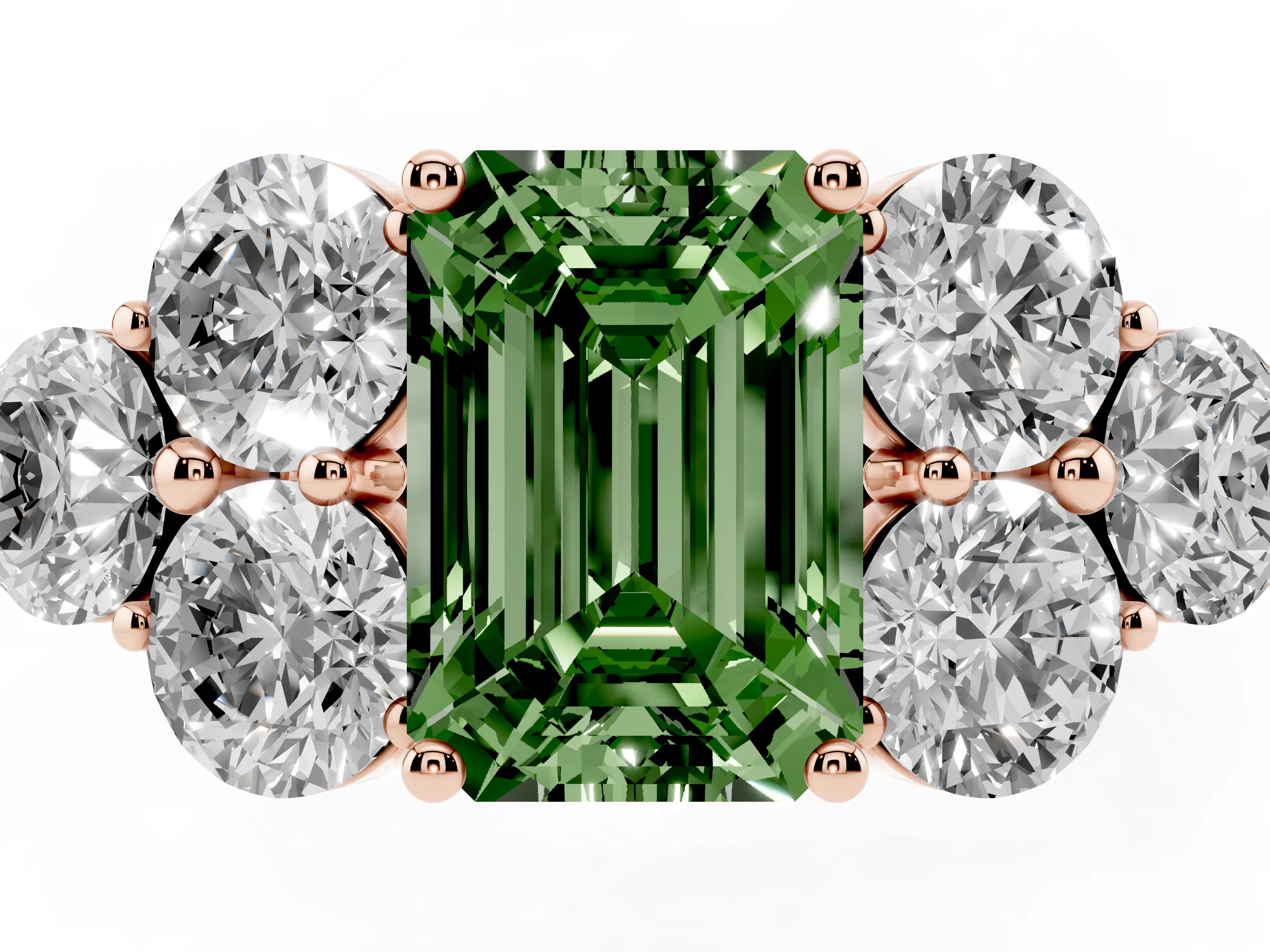 Fancy Green Emerald Cut Diamond Cluster Ring Set in Rose gold with Round Accent Stones and Prong Setting on a Plain Band
