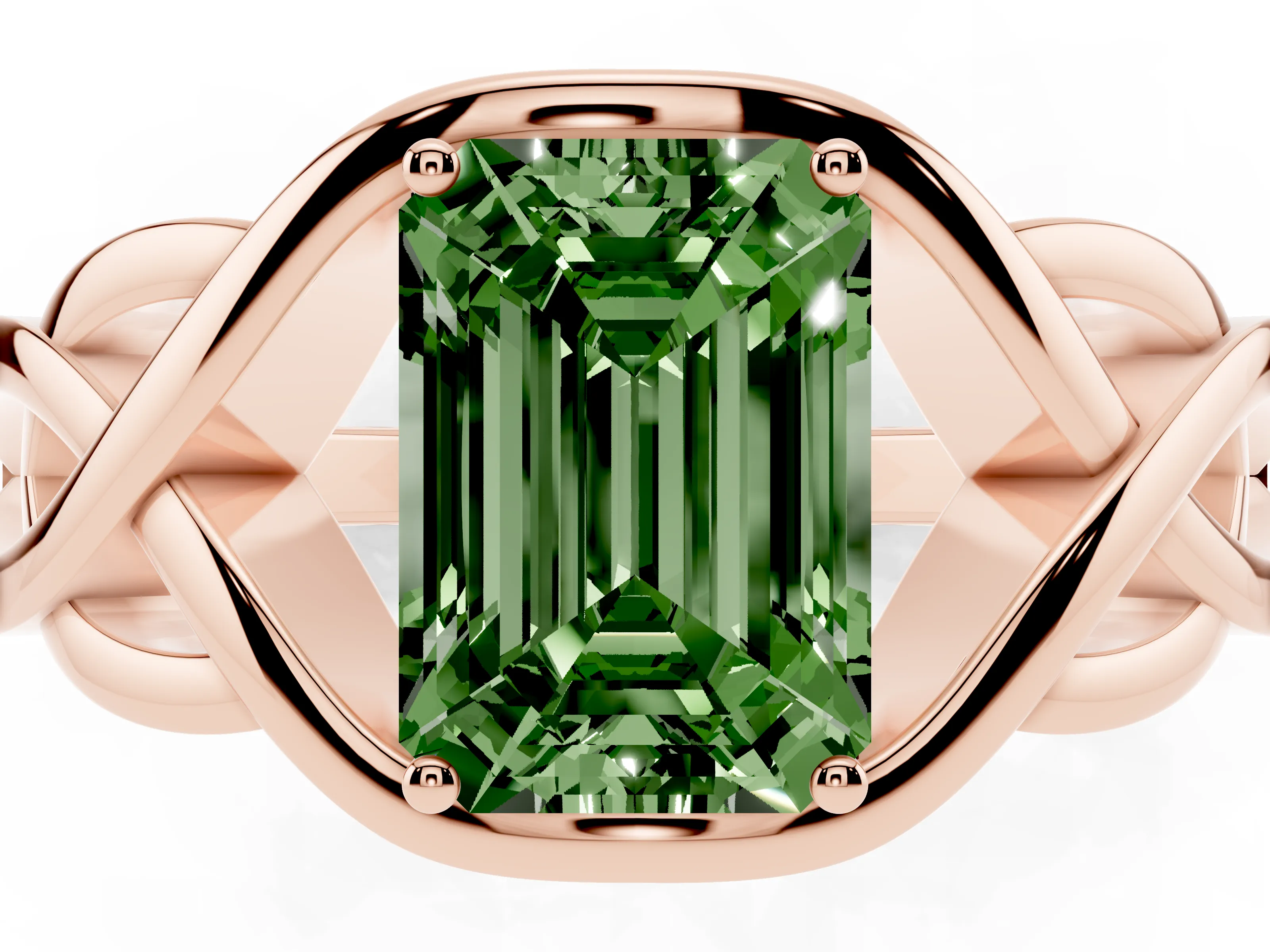 Fancy Green Emerald Cut Diamond Solitaire Ring Set in Rose gold with Intertwined Band
