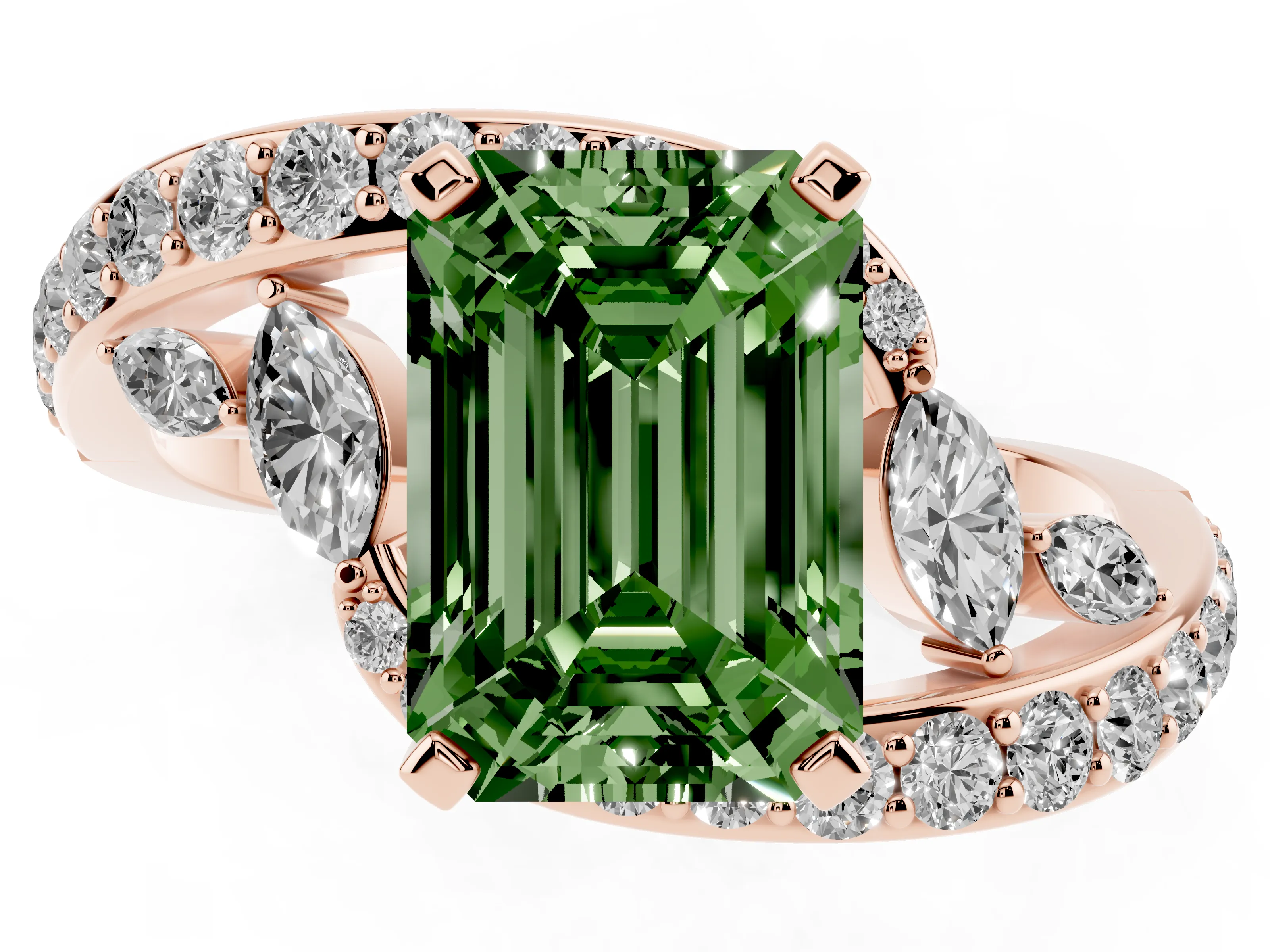 Fancy Green Emerald Cut Diamond Solitaire Ring Set in Rose gold with Pavé Twist Band and Secure Prong Setting