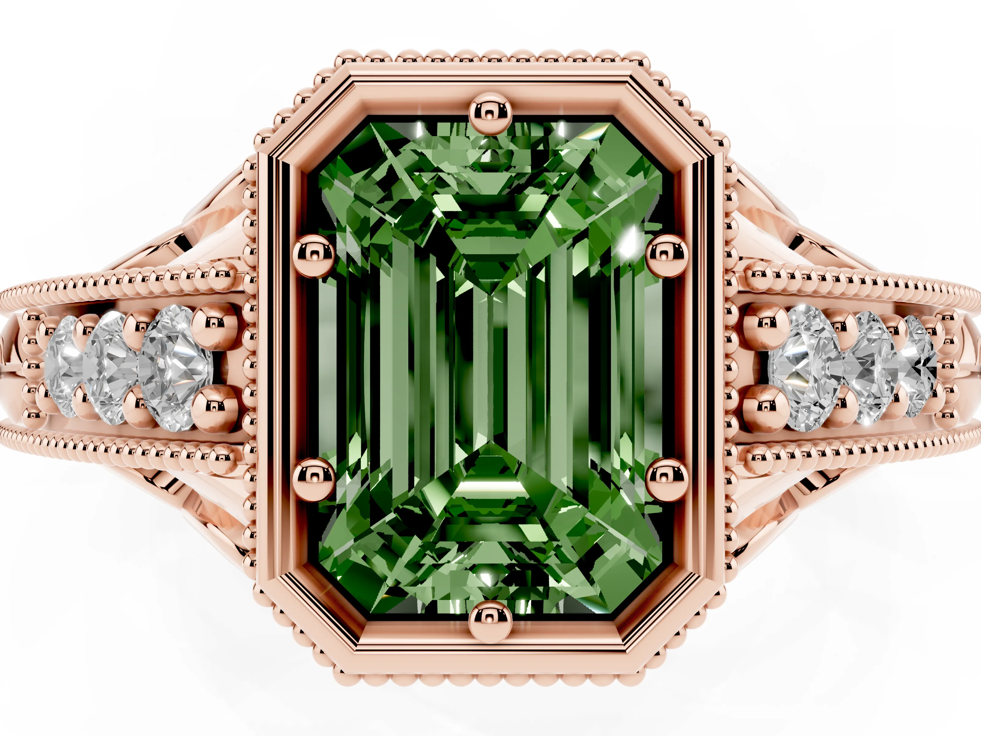 Fancy Green Bezel Set Emerald Cut Diamond Milgrain Pavé Engagement Ring Set in Rose gold