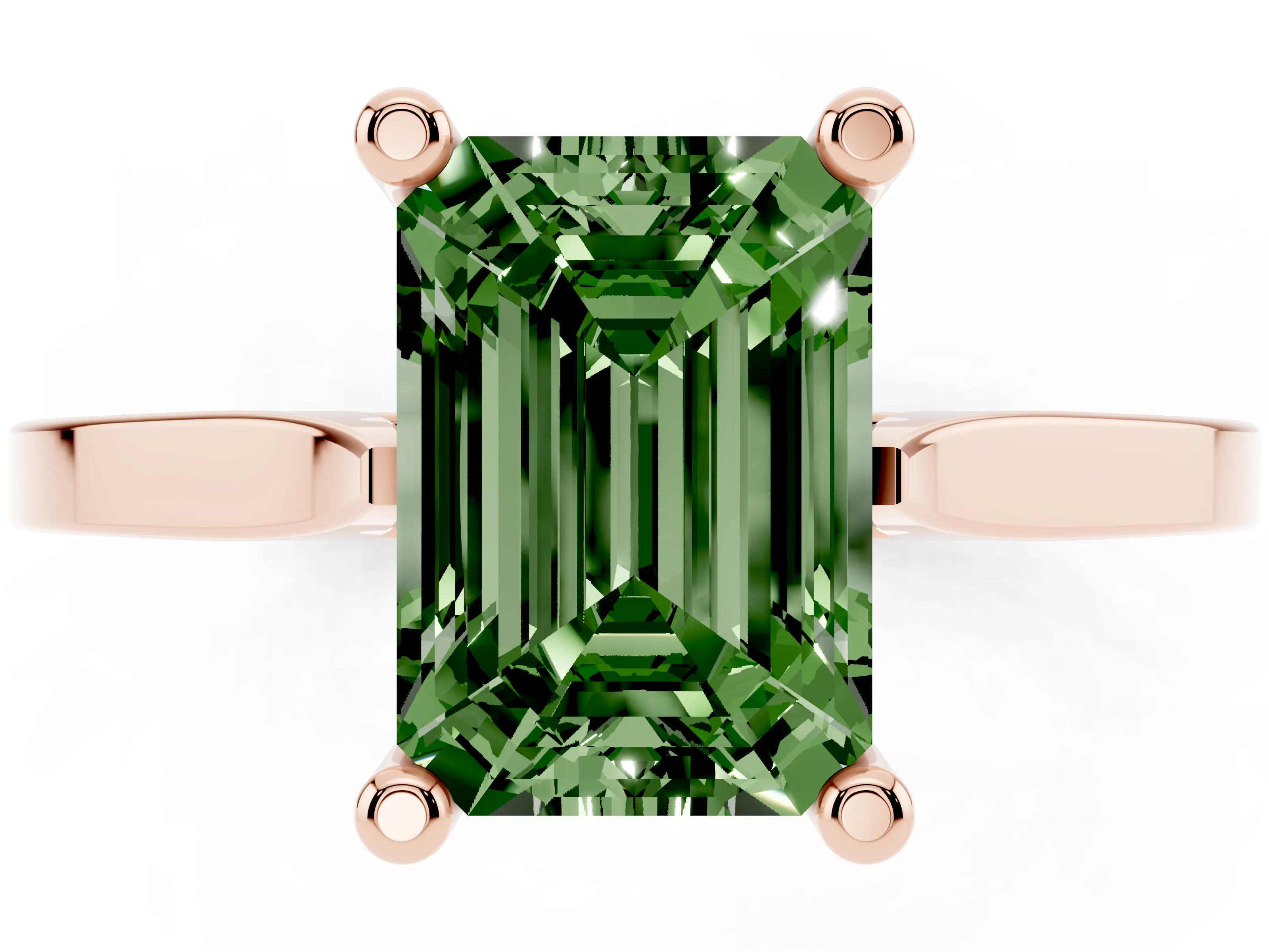 Fancy Green Emerald Cut Diamond Solitaire Ring Set in Rose gold with Prong Setting and Tapered Band
