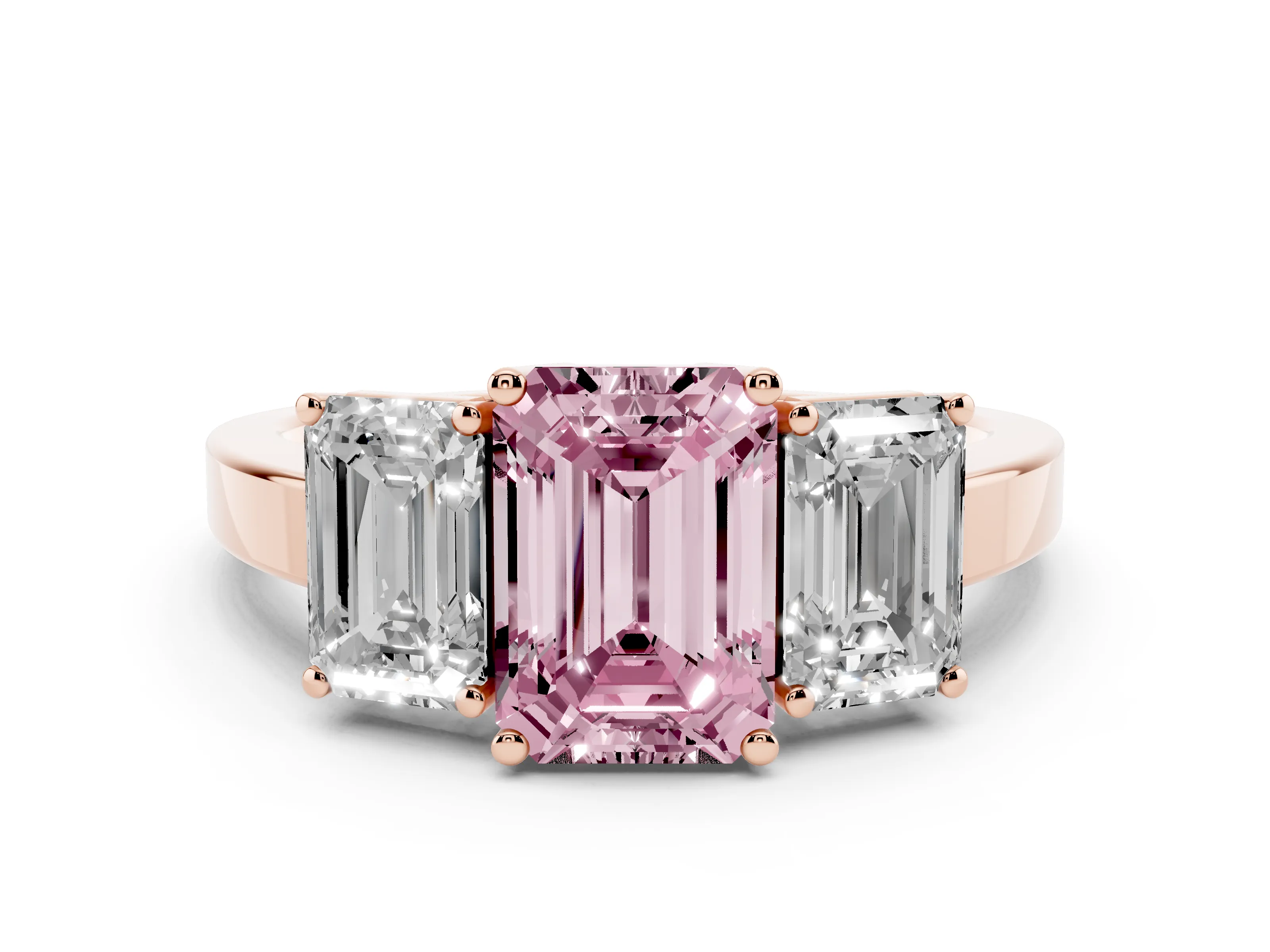 Fancy Pink Emerald Cut Diamond Three-Stone Engagement Ring Set in Rose gold with Flat Band