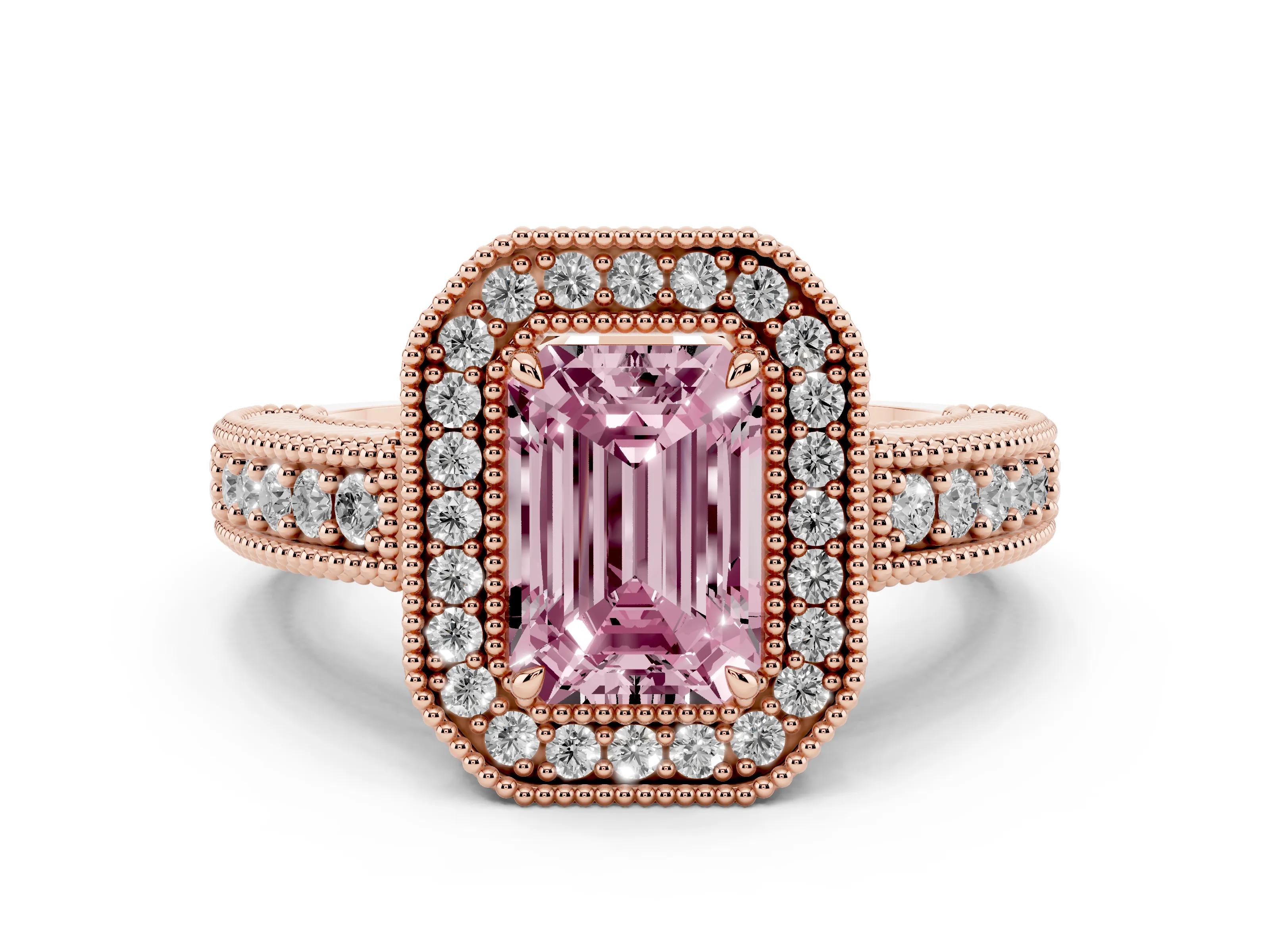 Fancy Pink Emerald Cut Diamond Halo Ring Set in Rose gold with Round Accent Halo, Pavé Band and Prong Setting