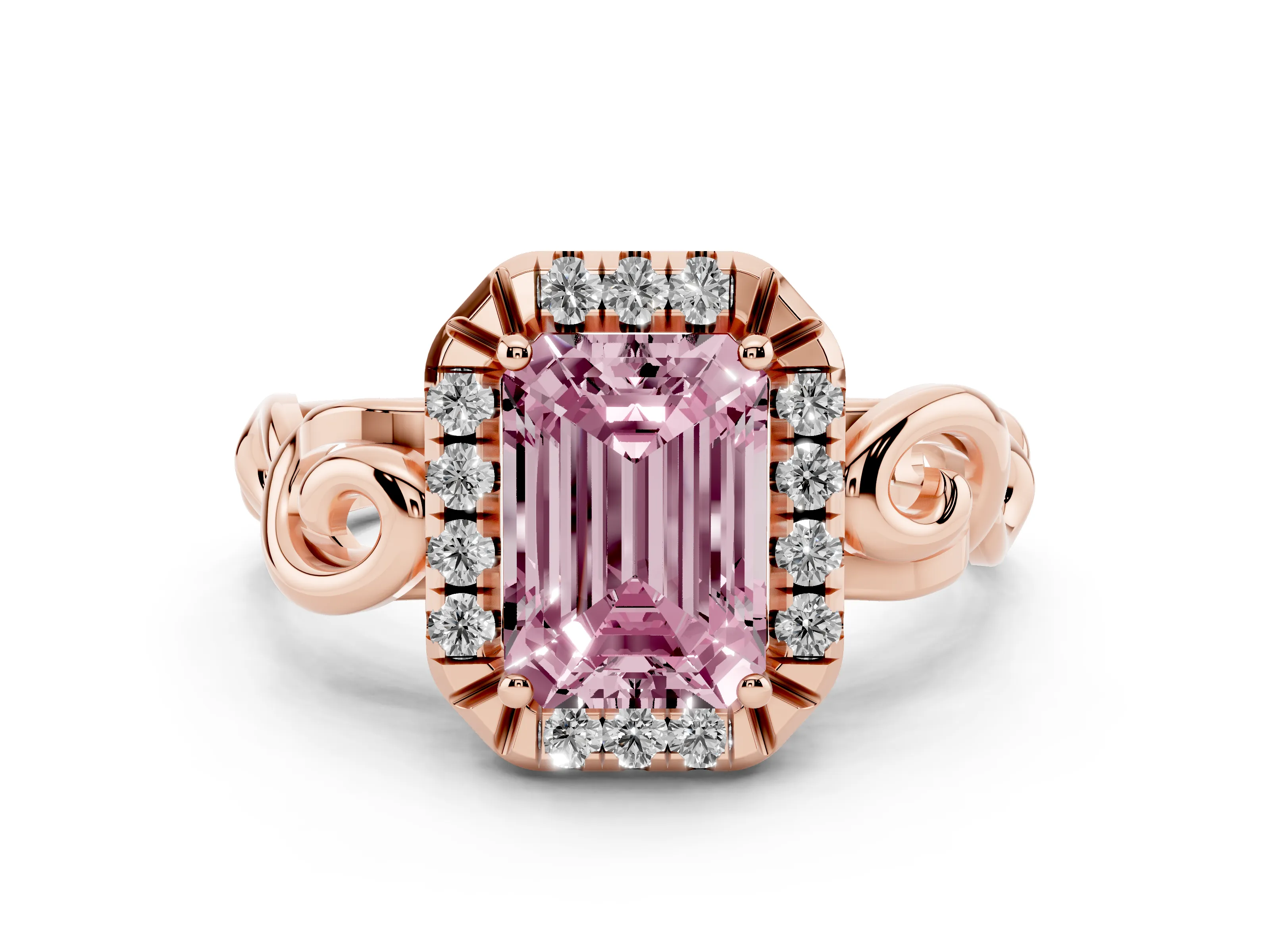 Fancy Pink Emerald Cut Diamond Halo Ring Set in Rose gold with Scrollwork Band and Prong Setting