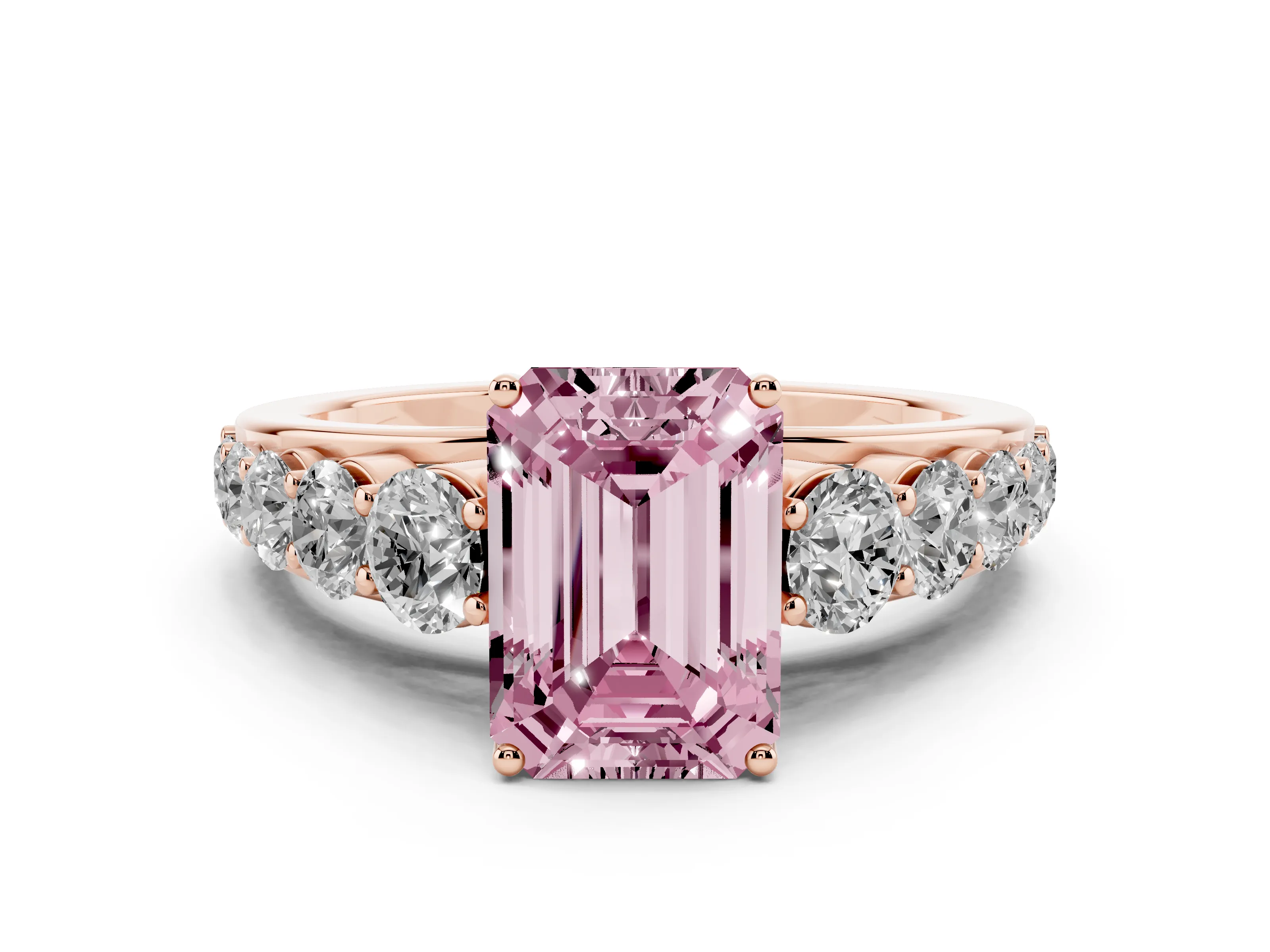 Fancy Pink Emerald Cut Diamond Solitaire Ring Set in Rose gold with Pavé-Set Band and Prong Setting