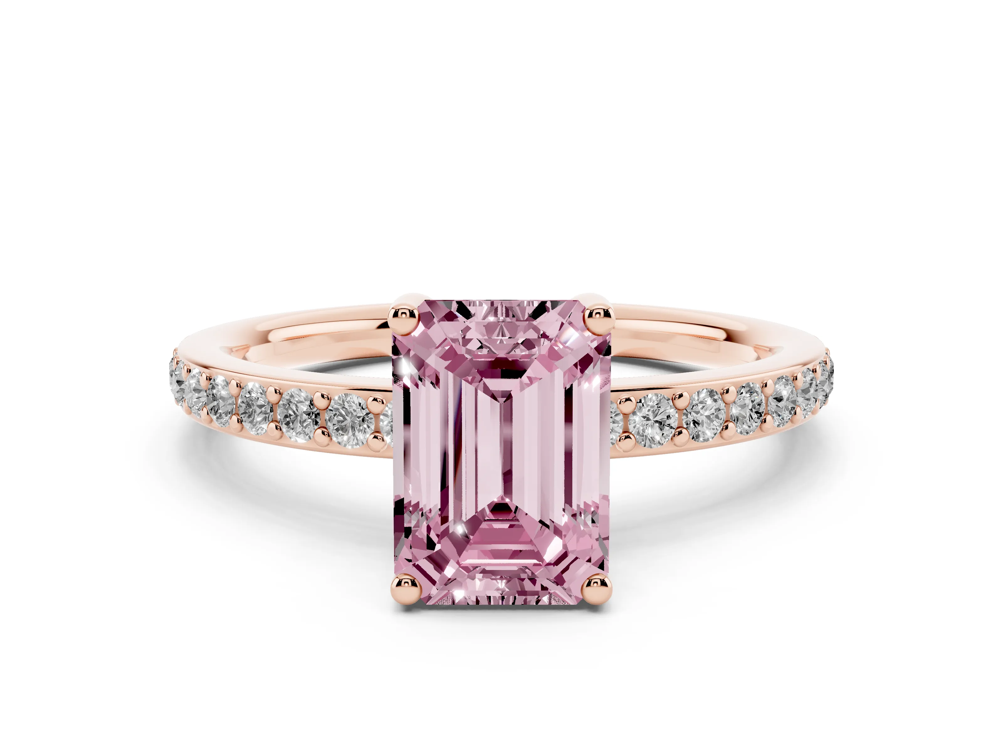 Fancy Pink Emerald Cut Diamond Pavé Band Ring Set in Rose gold with Prong-Set Center Stone