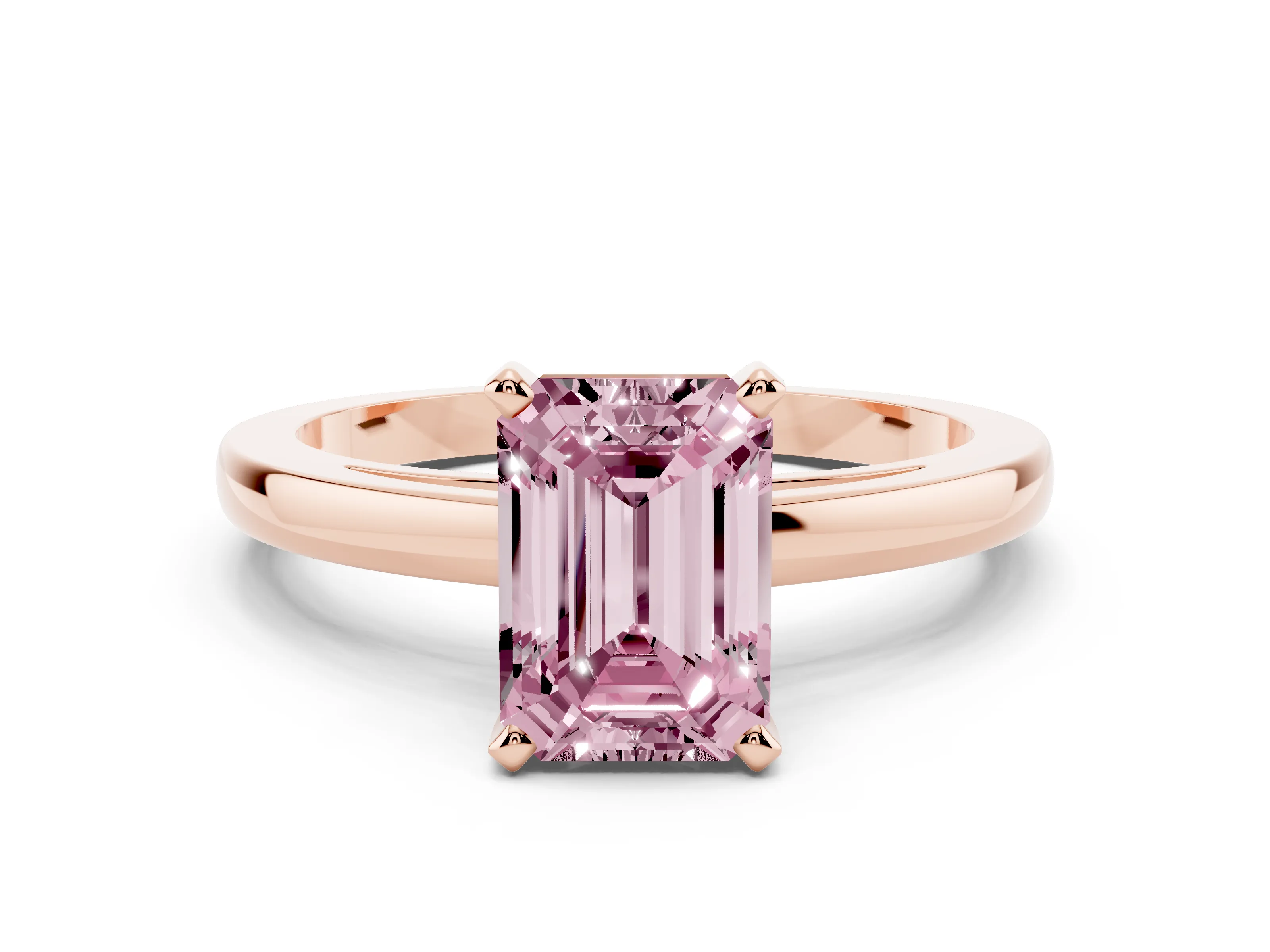 Fancy Pink Emerald Cut Diamond Solitaire Engagement Ring Set in Rose gold with Prong Setting on a Classic Band