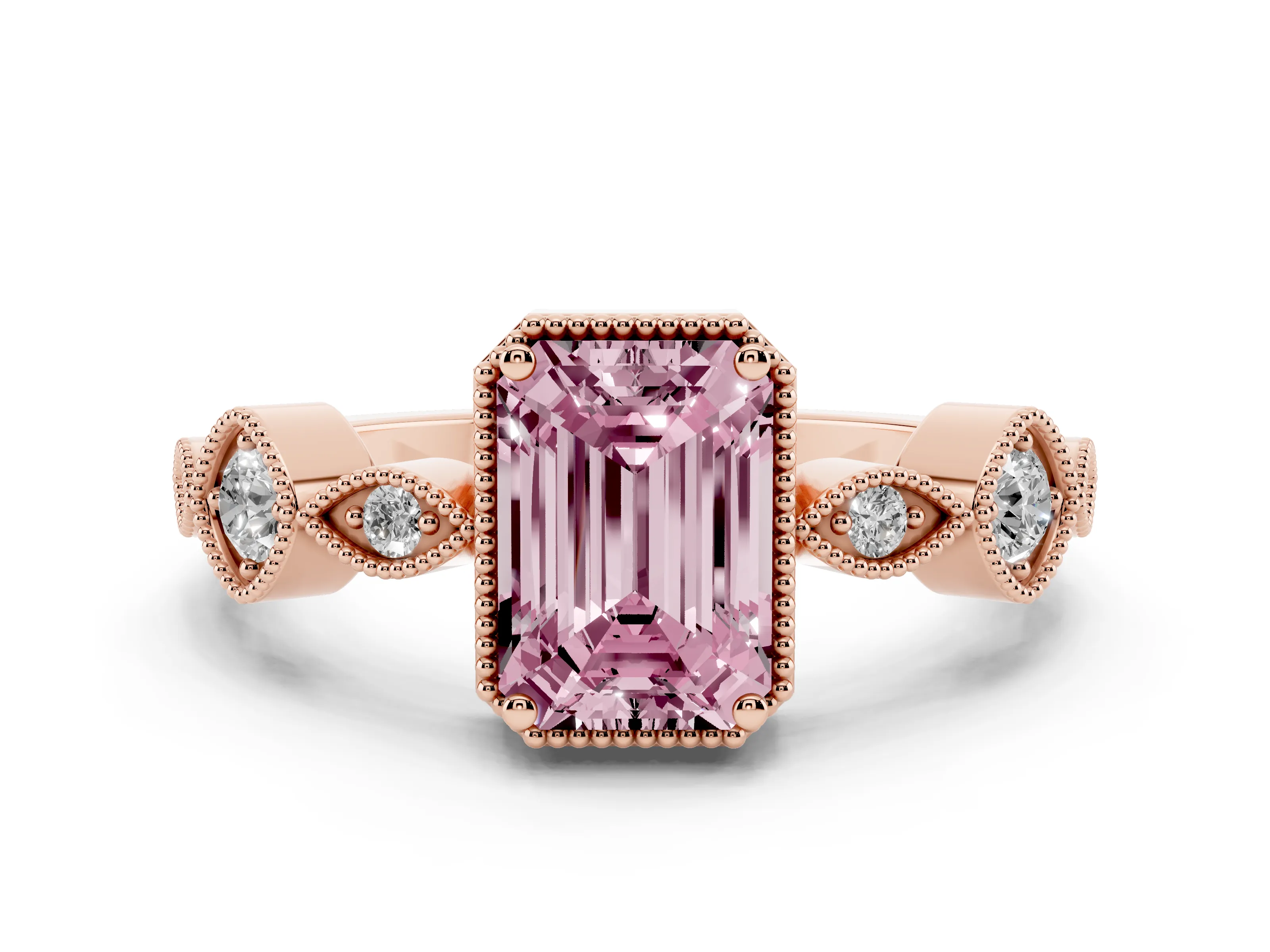 Fancy Pink Emerald Cut Diamond Vintage-Inspired Milgrain Ring Set in Rose gold with Marquise Stations of Round Accents