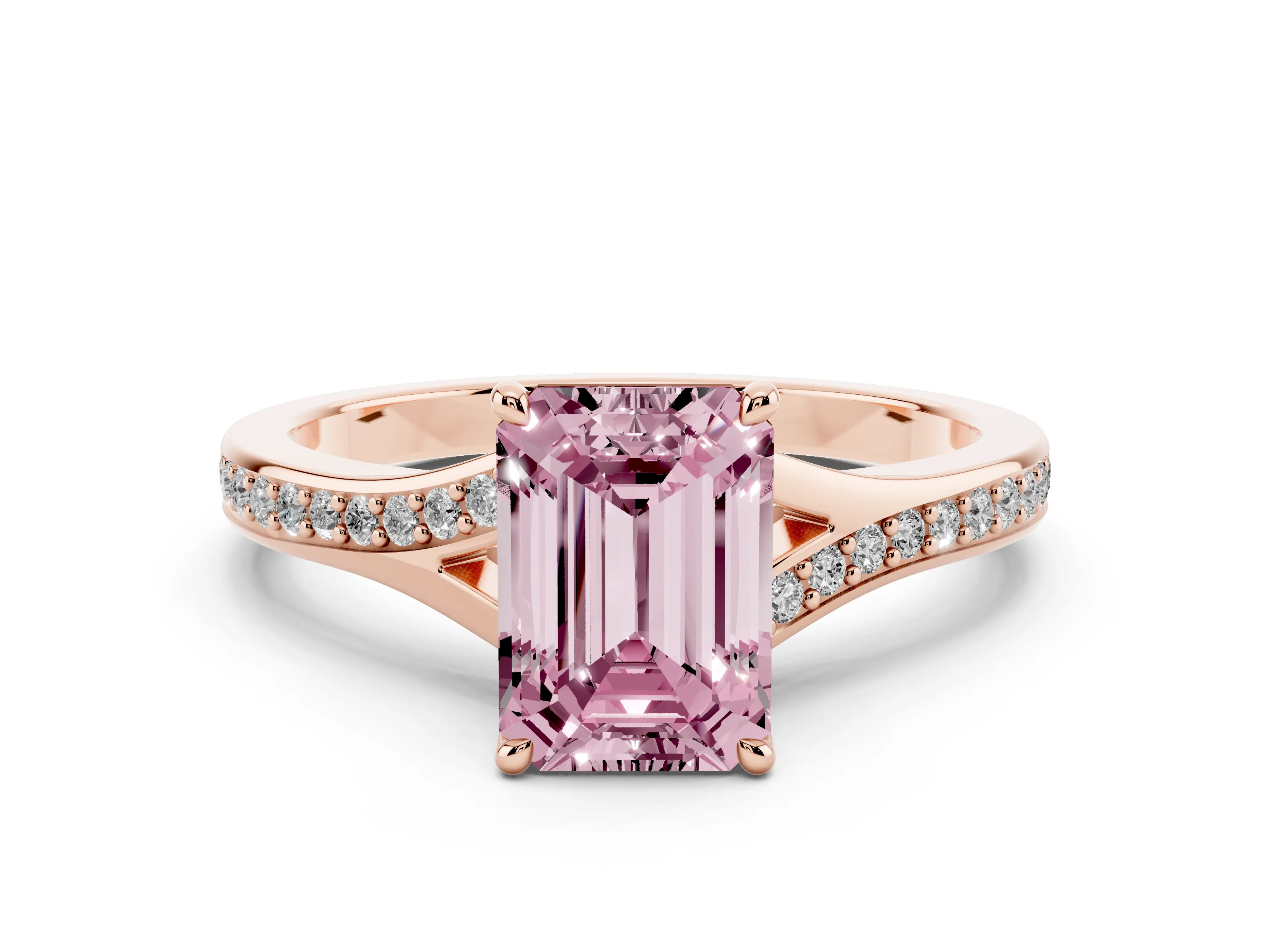 Fancy Pink Emerald Cut Diamond Solitaire Ring Set in Rose gold with Pavé Accent Band and Classic Prong Setting