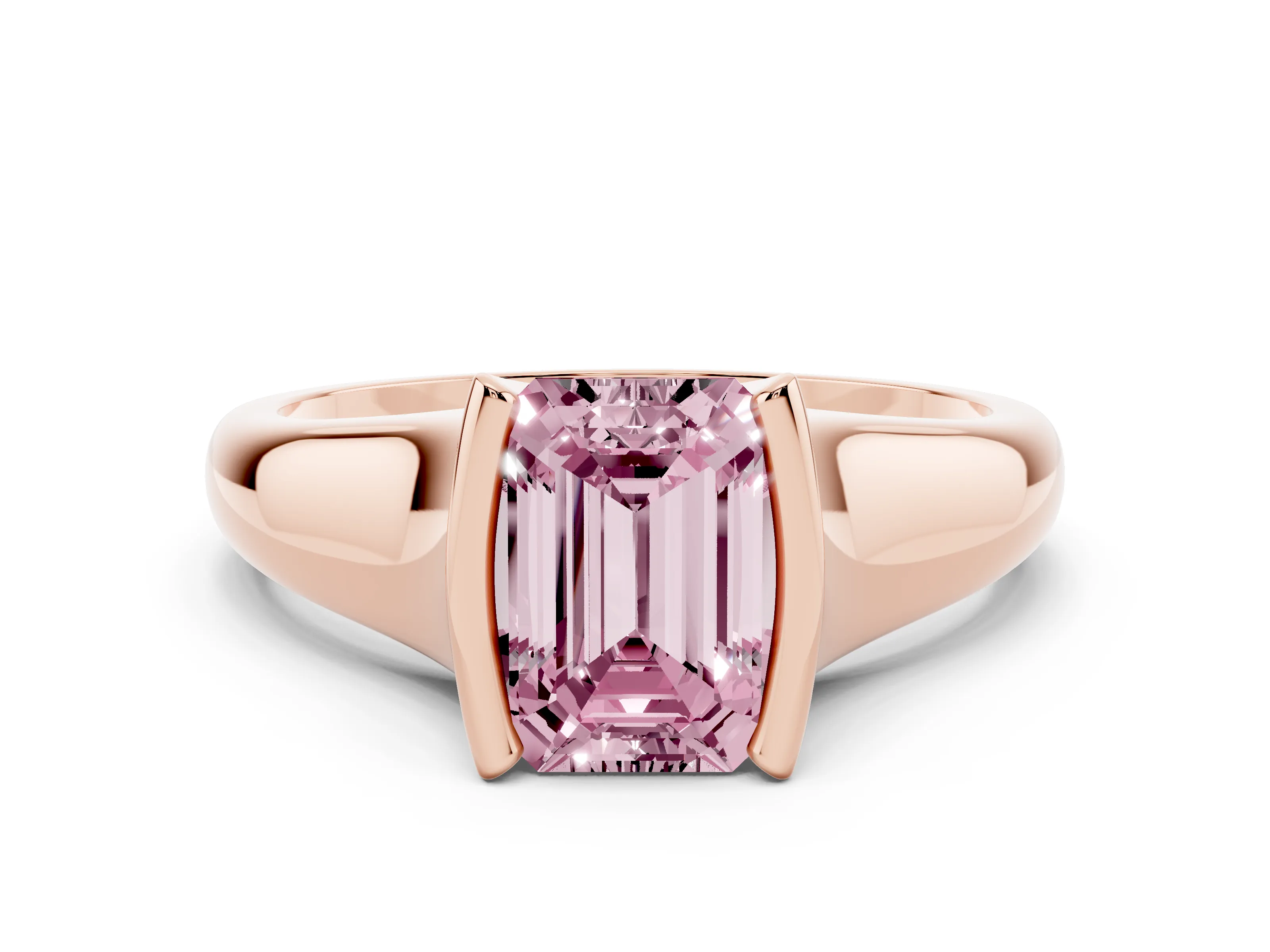 Fancy Pink Emerald Cut Diamond Solitaire Tension Set Ring Set in Rose gold with Split Shank Band