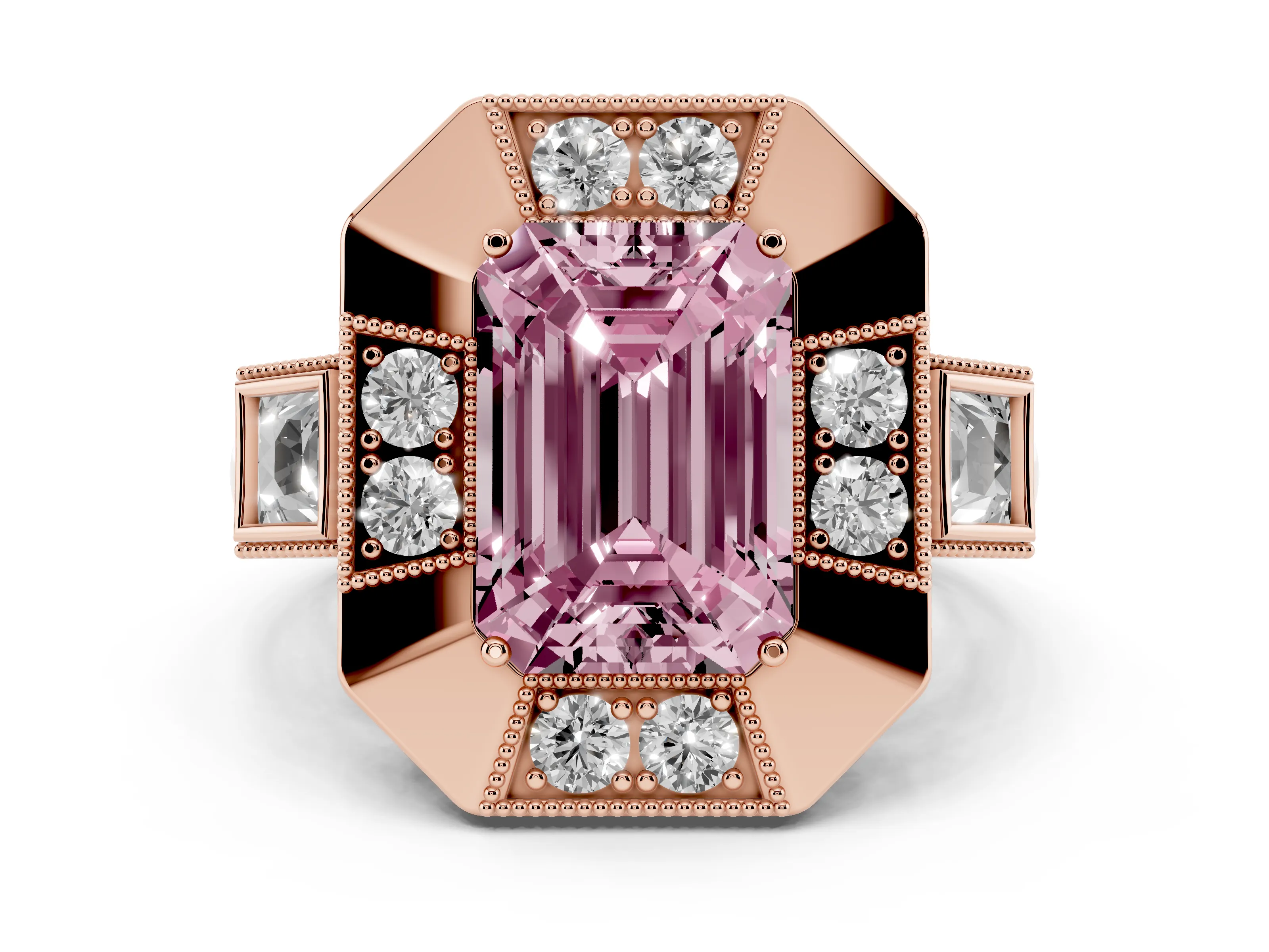 Fancy Pink Emerald Cut Diamond Milgrain Halo Ring Set in Rose gold with Split Shank