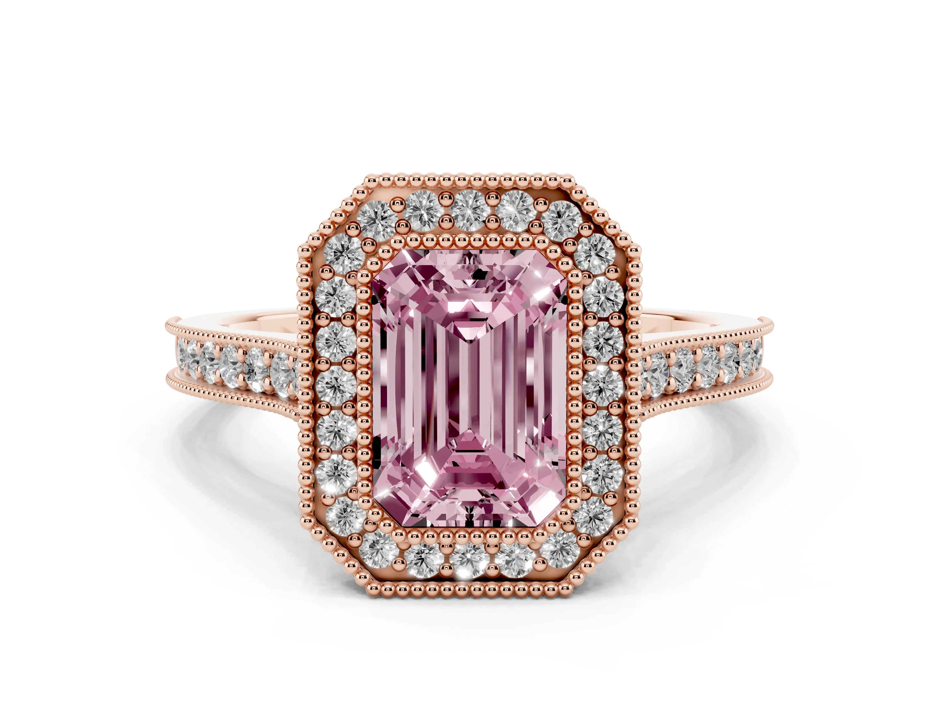 Fancy Pink Emerald Cut Diamond Halo Milgrain Pavé Band Ring Set in Rose gold with Prong Setting