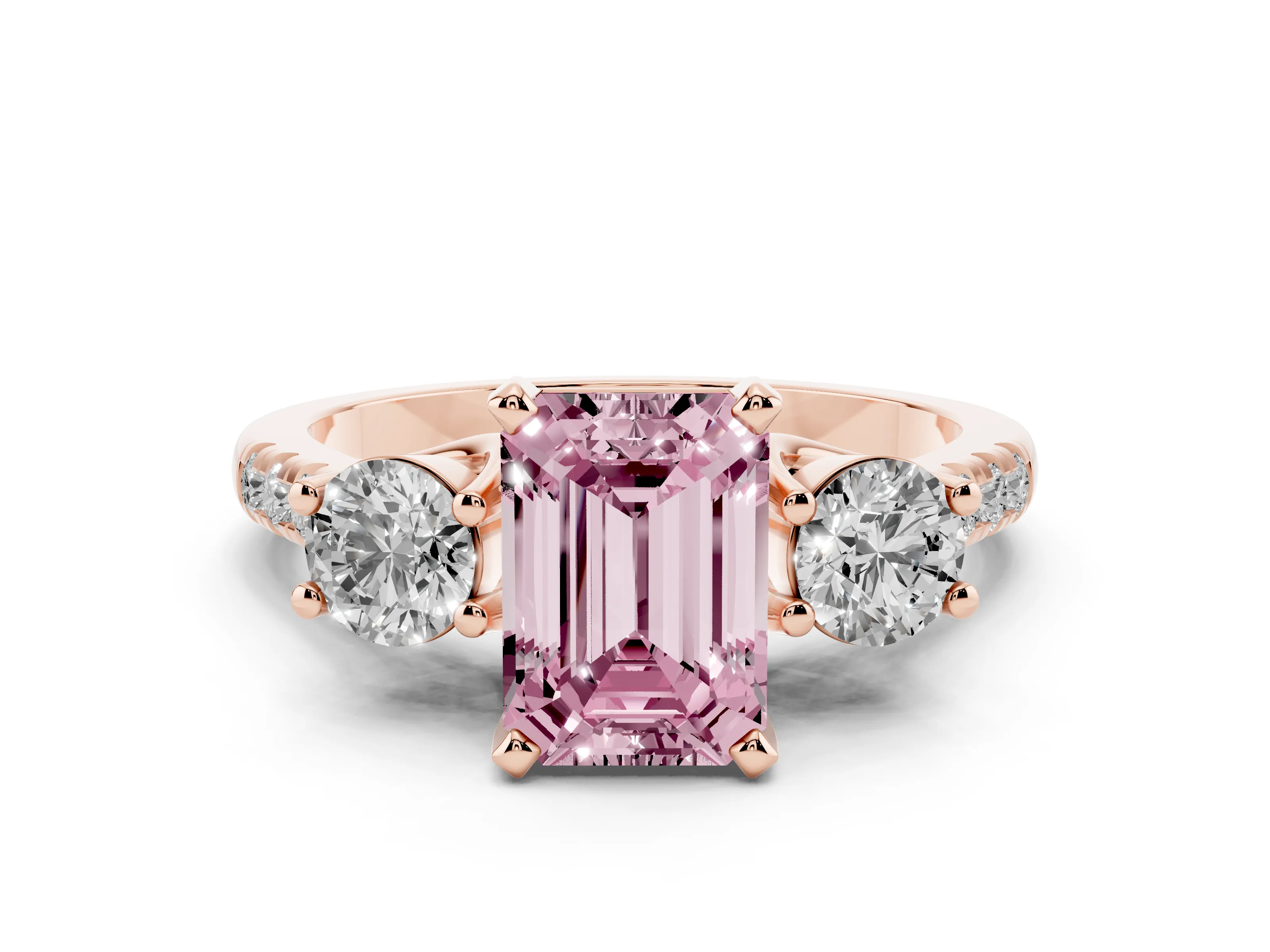 Fancy Pink Three-Stone Emerald Cut Diamond Pavé Band Ring Set in Rose gold with Prong-Set Trio