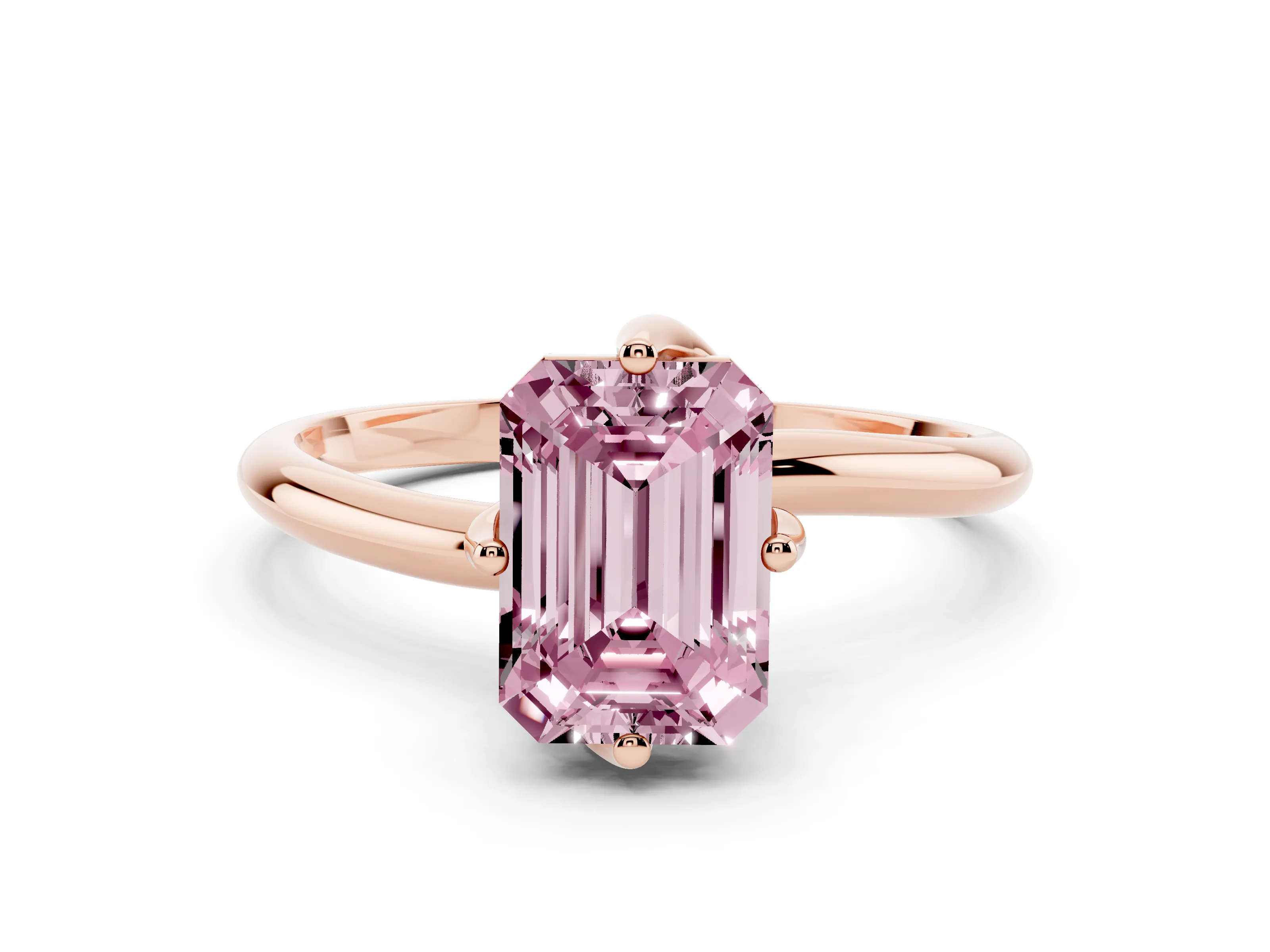 Fancy Pink Emerald Cut Diamond Solitaire Engagement Ring Set in Rose gold with Classic Plain Band
