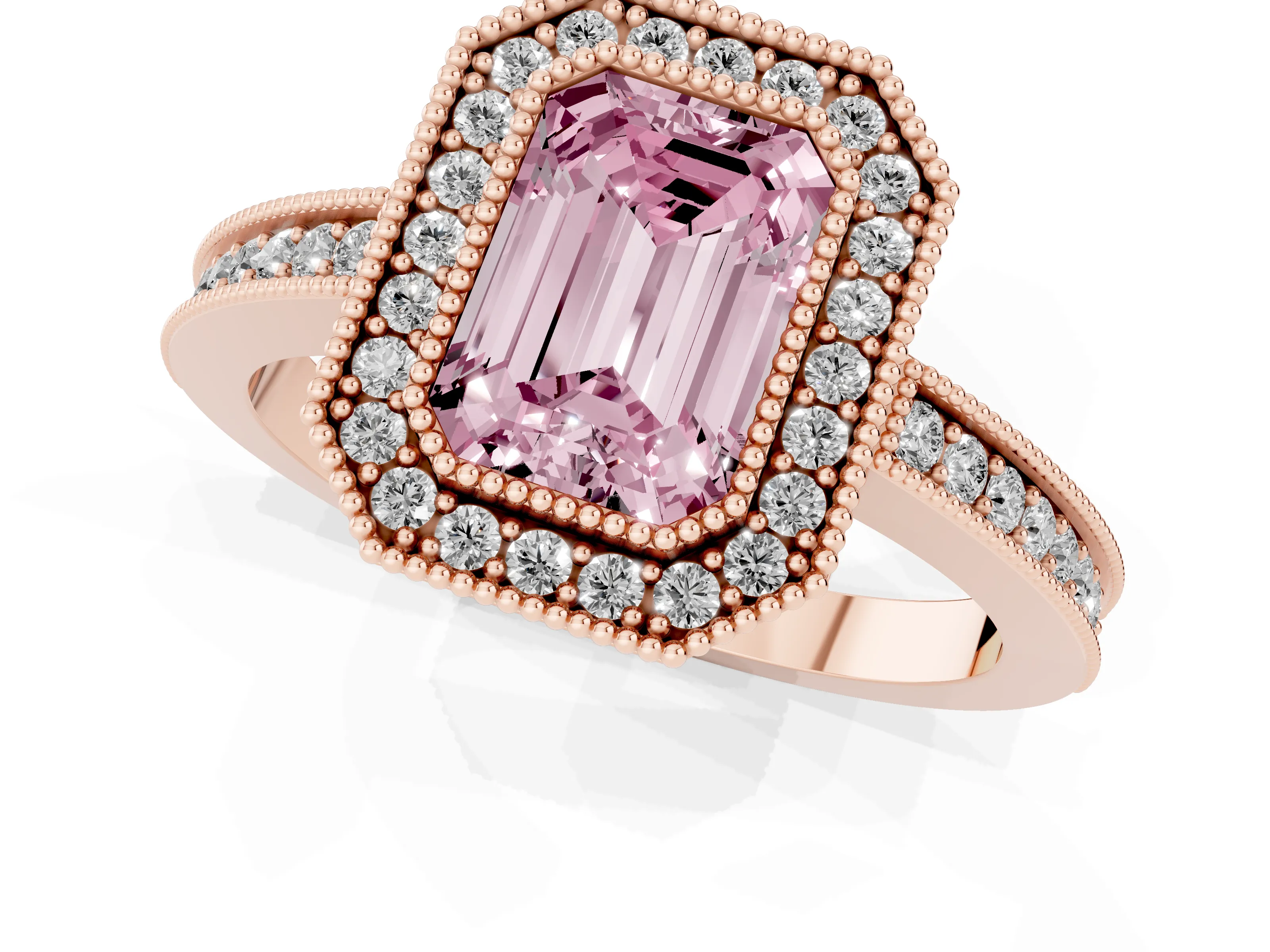 Fancy Pink Emerald Cut Diamond Round Halo Ring Set in Rose gold with Pavé Band