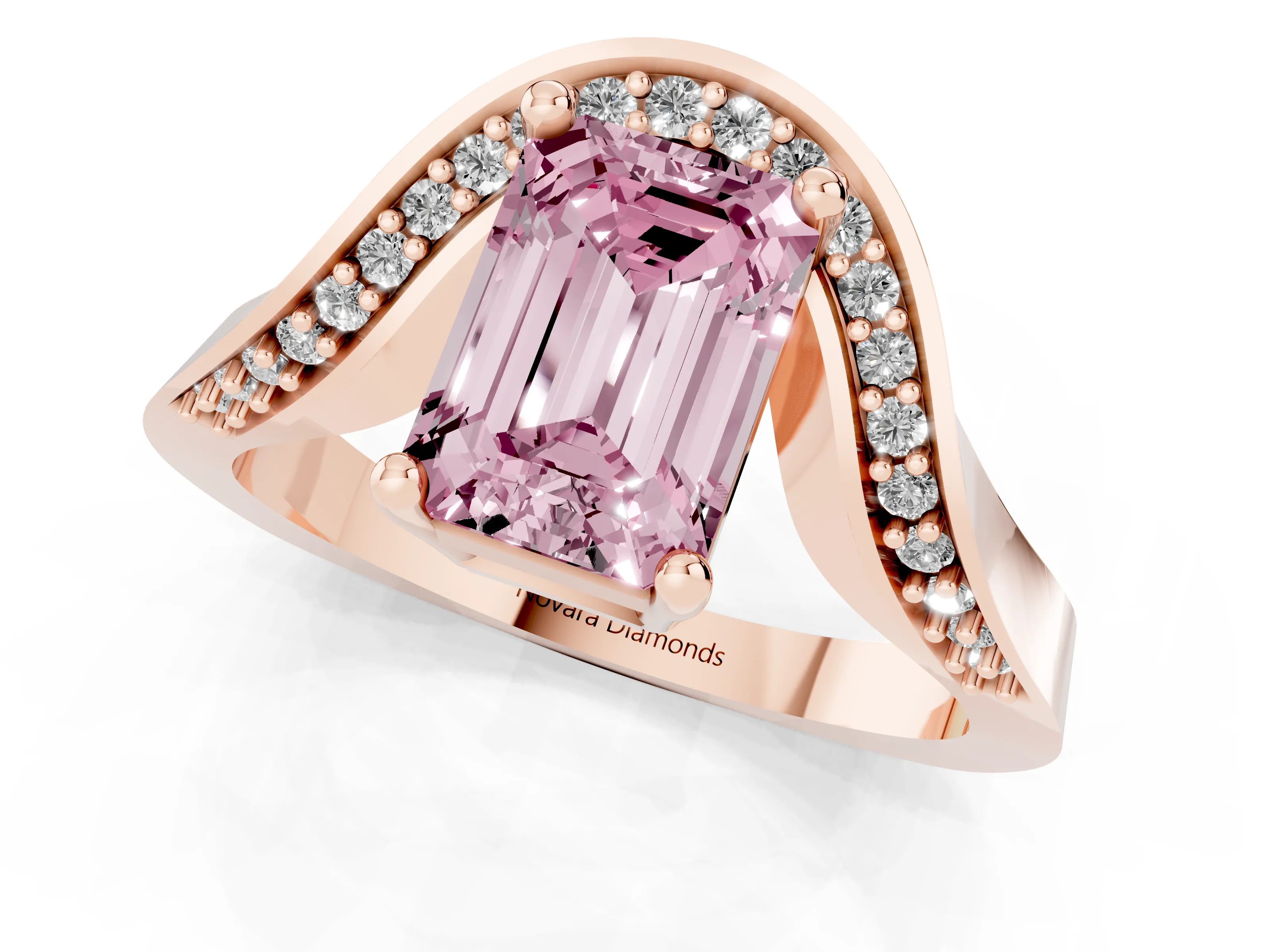 Fancy Pink Emerald Cut Diamond Solitaire Engagement Ring Set in Rose gold with Pavé Shoulders