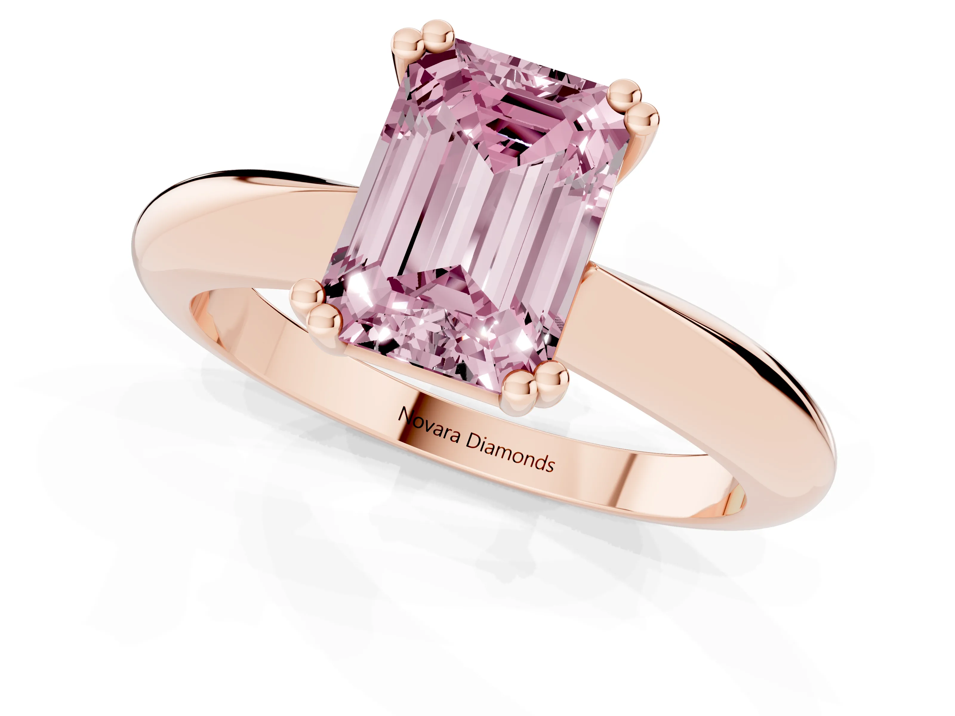 Fancy Pink Emerald Cut Diamond Solitaire Engagement Ring Set in Rose gold with Tapered Band and Prong Setting