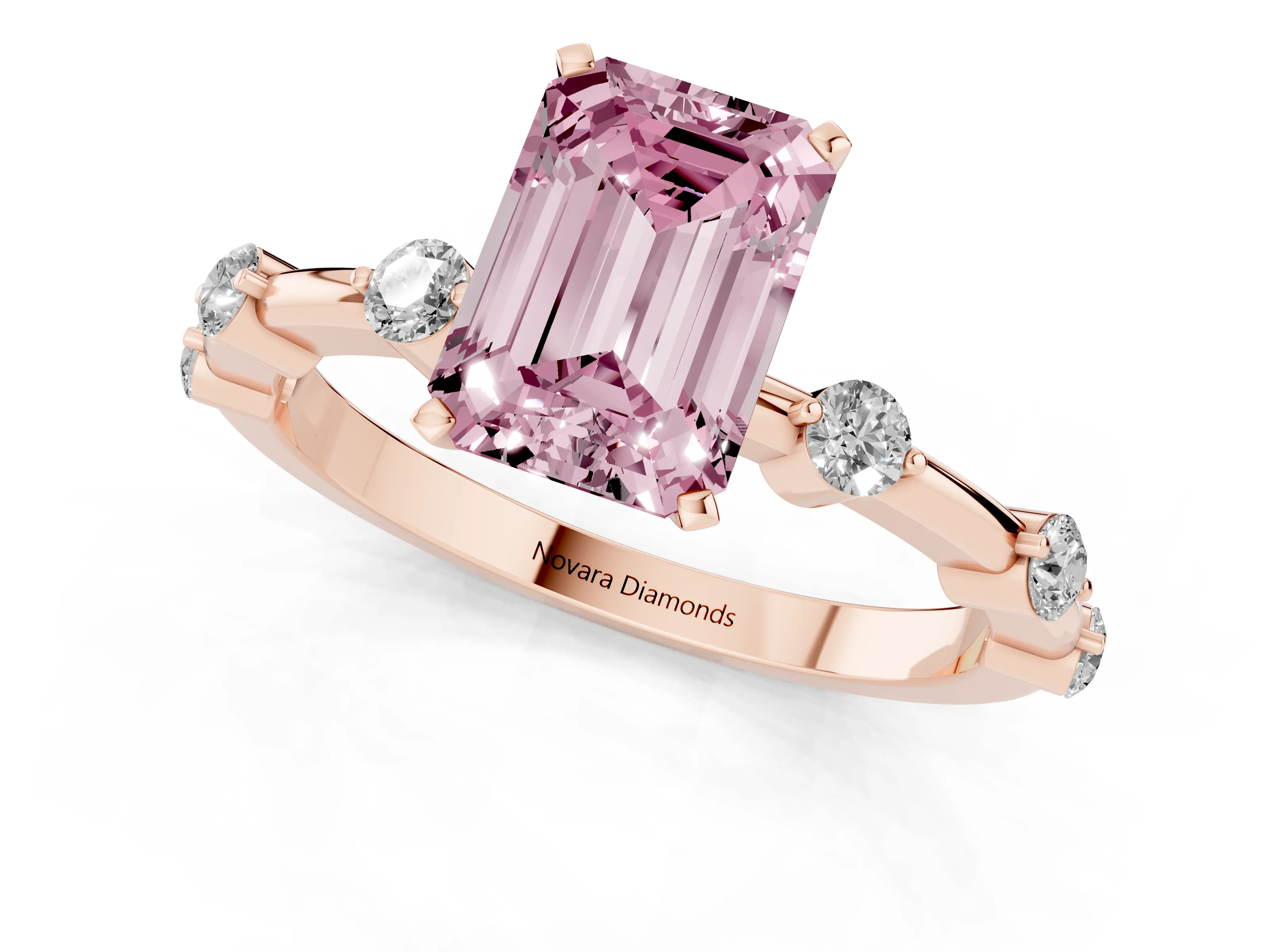 Fancy Pink Emerald Cut Diamond Solitaire Ring Set in Rose gold with Bezel Set Side Stones and Prong Setting
