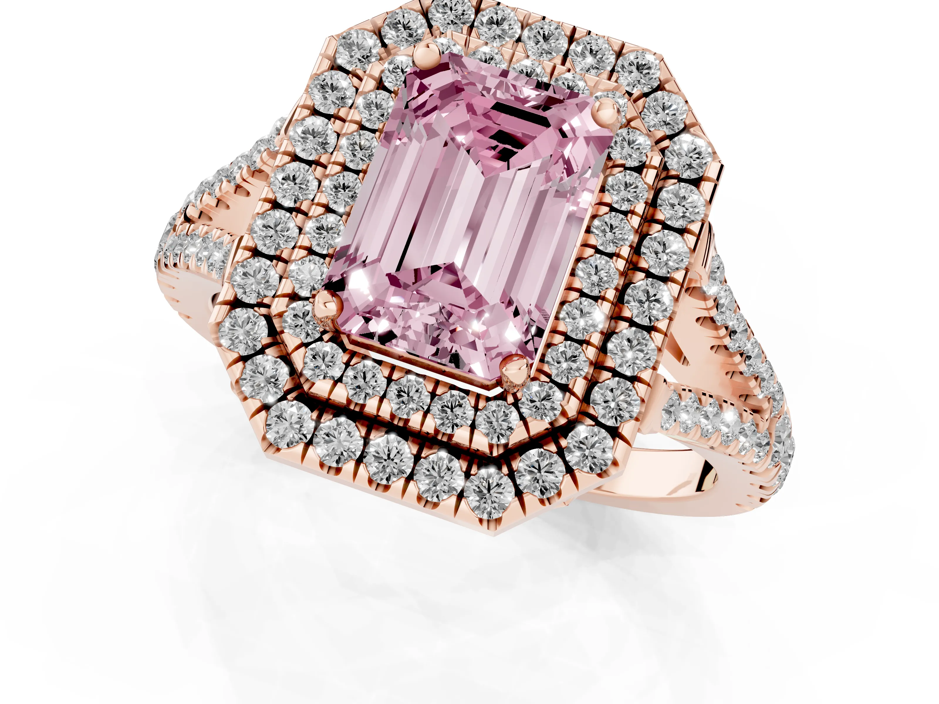 Fancy Pink Emerald Cut Diamond Double Halo Ring Set in Rose gold with Pavé Band