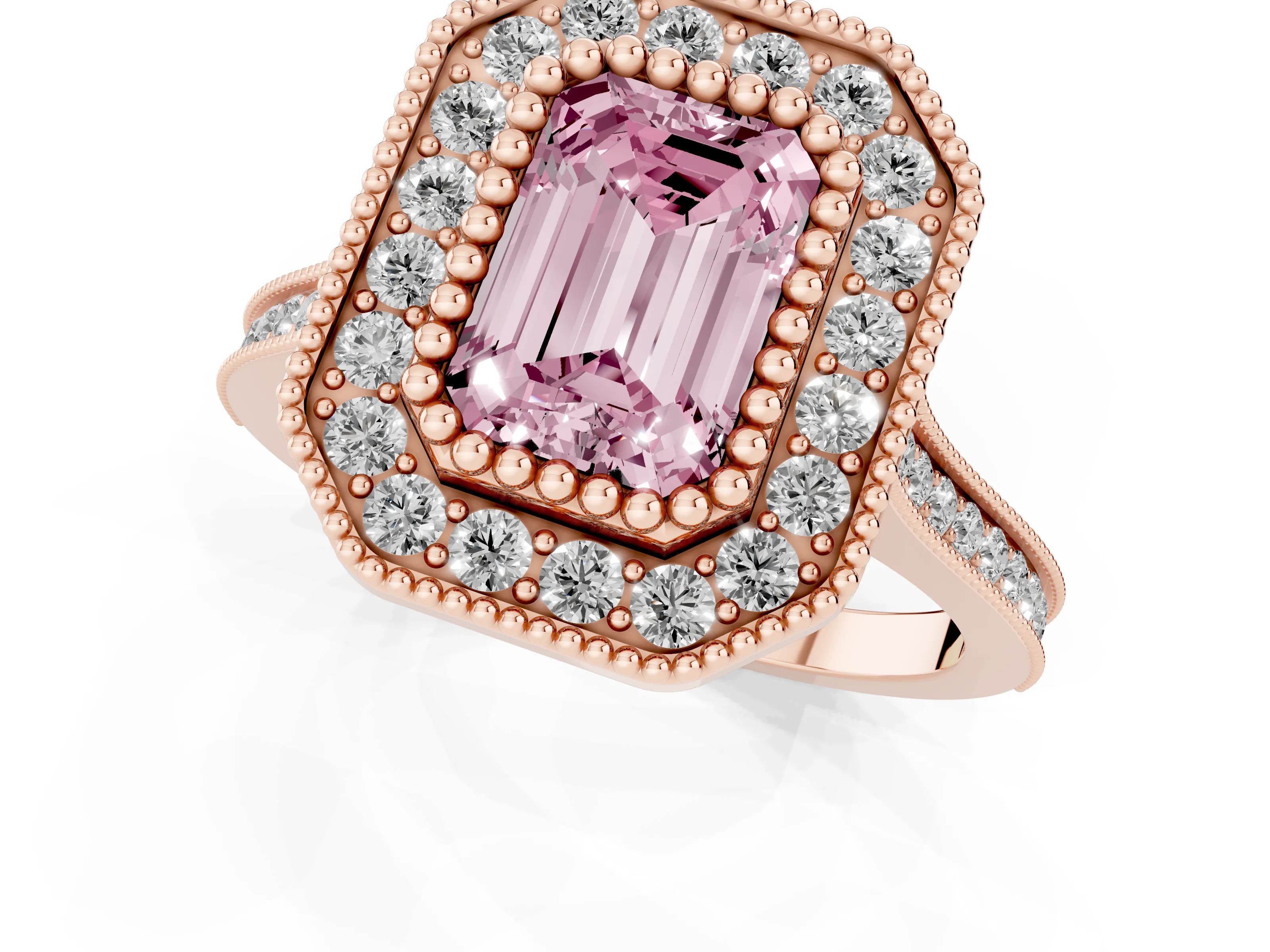 Fancy Pink Emerald Cut Diamond Halo Ring Set in Rose gold with Milgrain Frame and Pavé Band