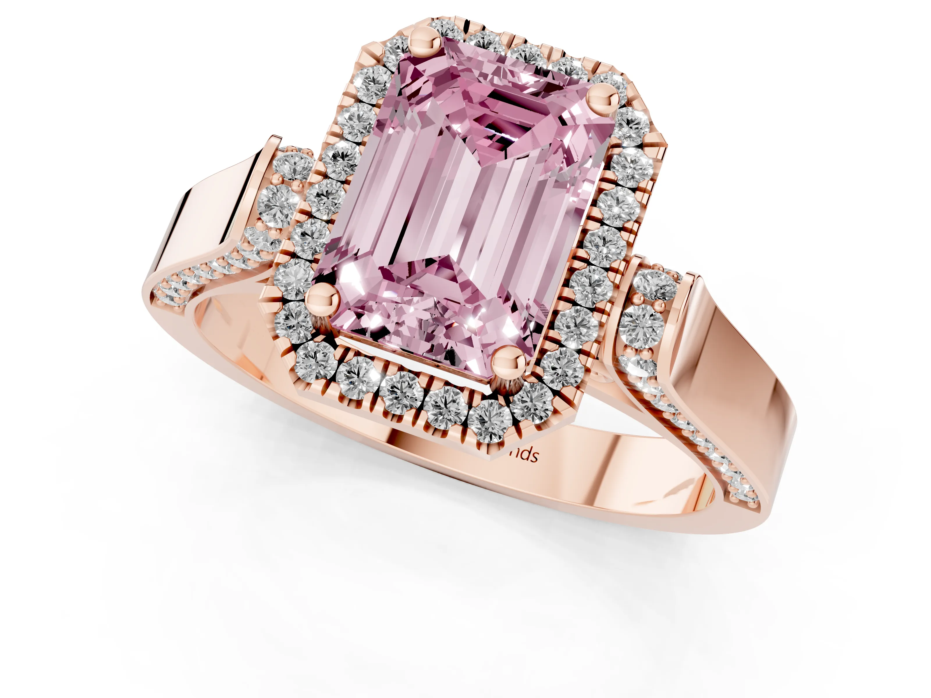 Fancy Pink Emerald Cut Diamond Halo Ring Set in Rose gold with Pavé-Lined Split Shank Band