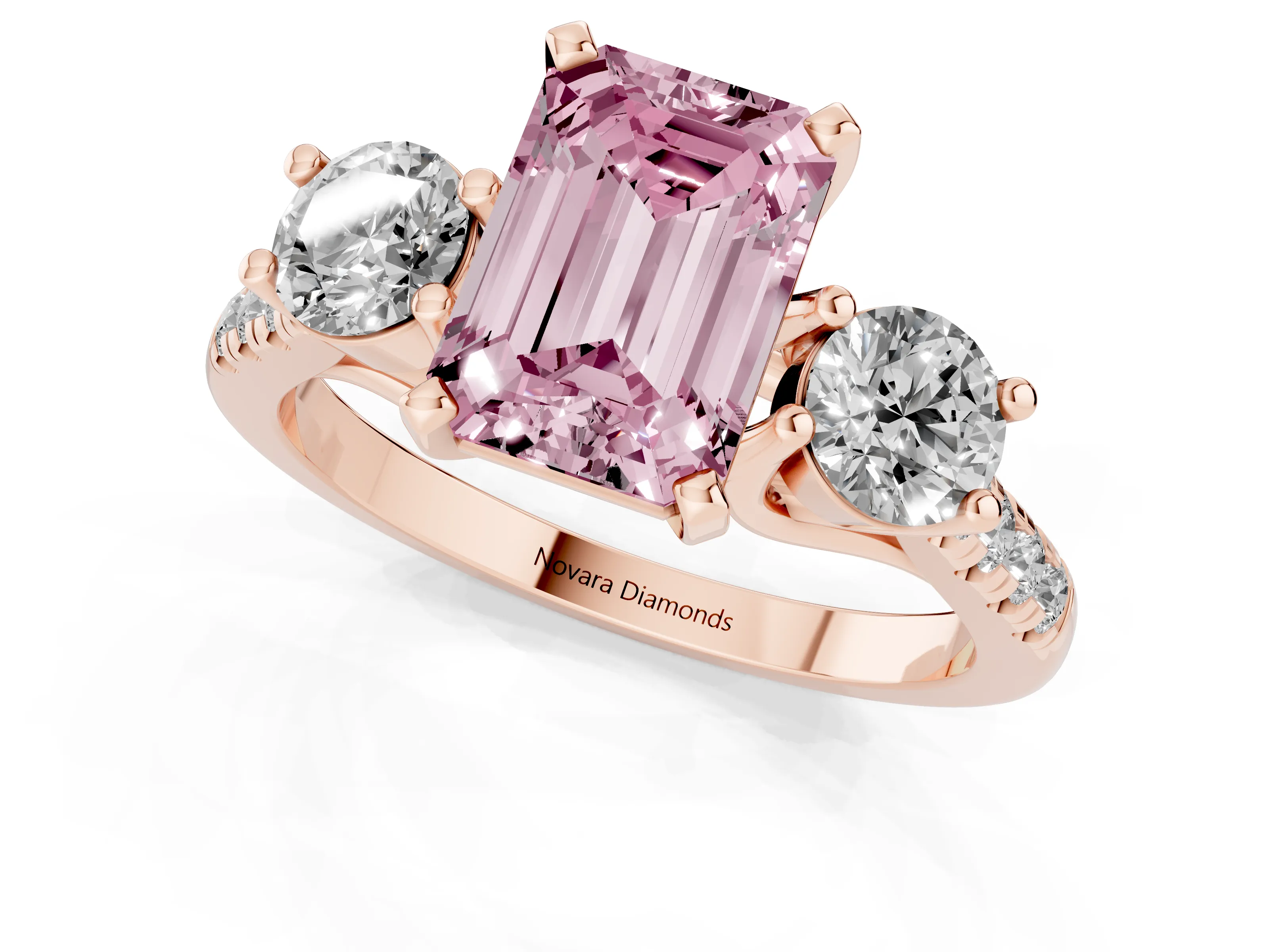 Fancy Pink Three-Stone Emerald Cut Diamond Pavé Band Ring Set in Rose gold with Prong-Set Trio