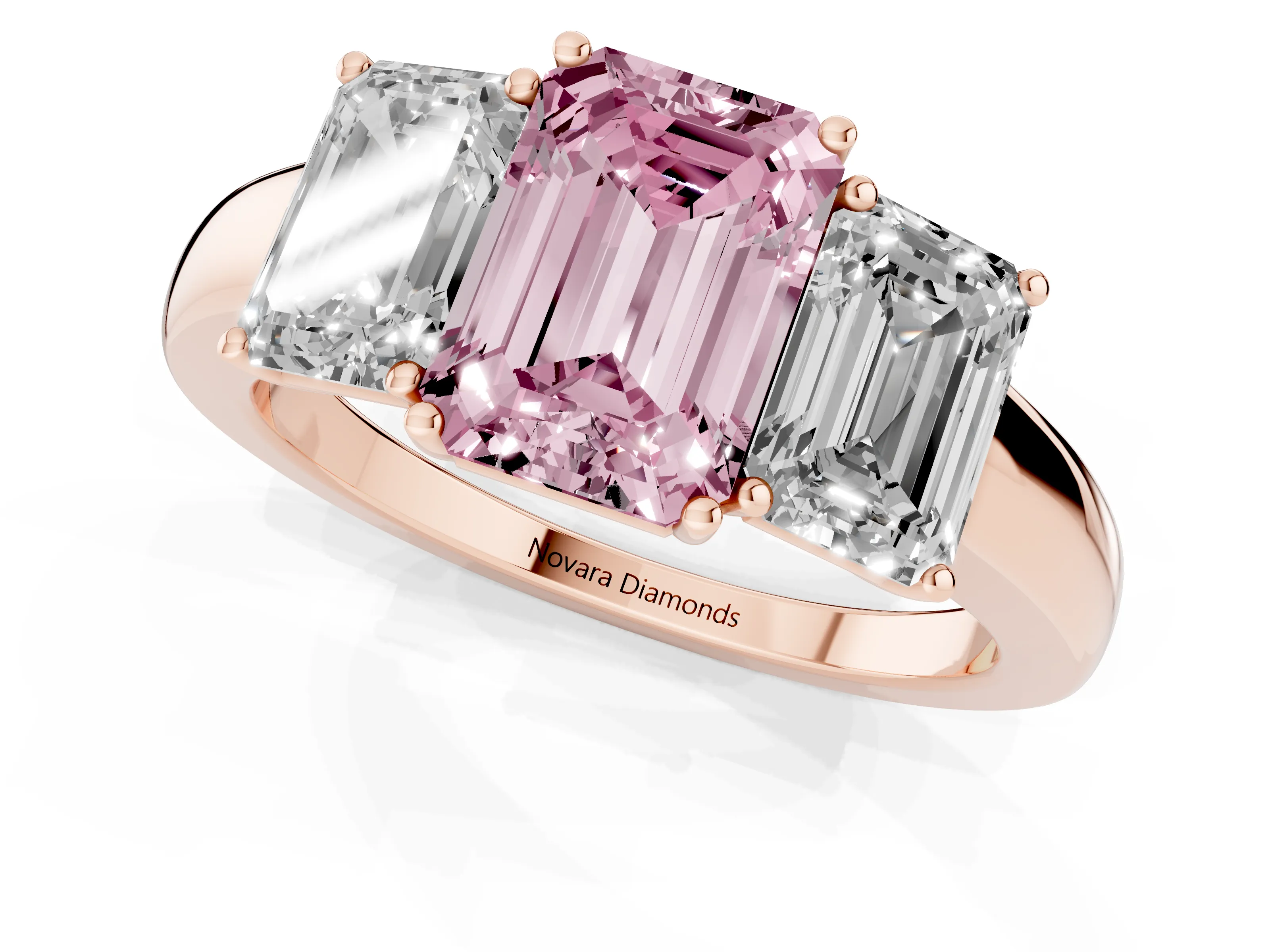 Fancy Pink Emerald Cut Diamond Three-Stone Ring Set in Rose gold with Bold Center and Classic Band