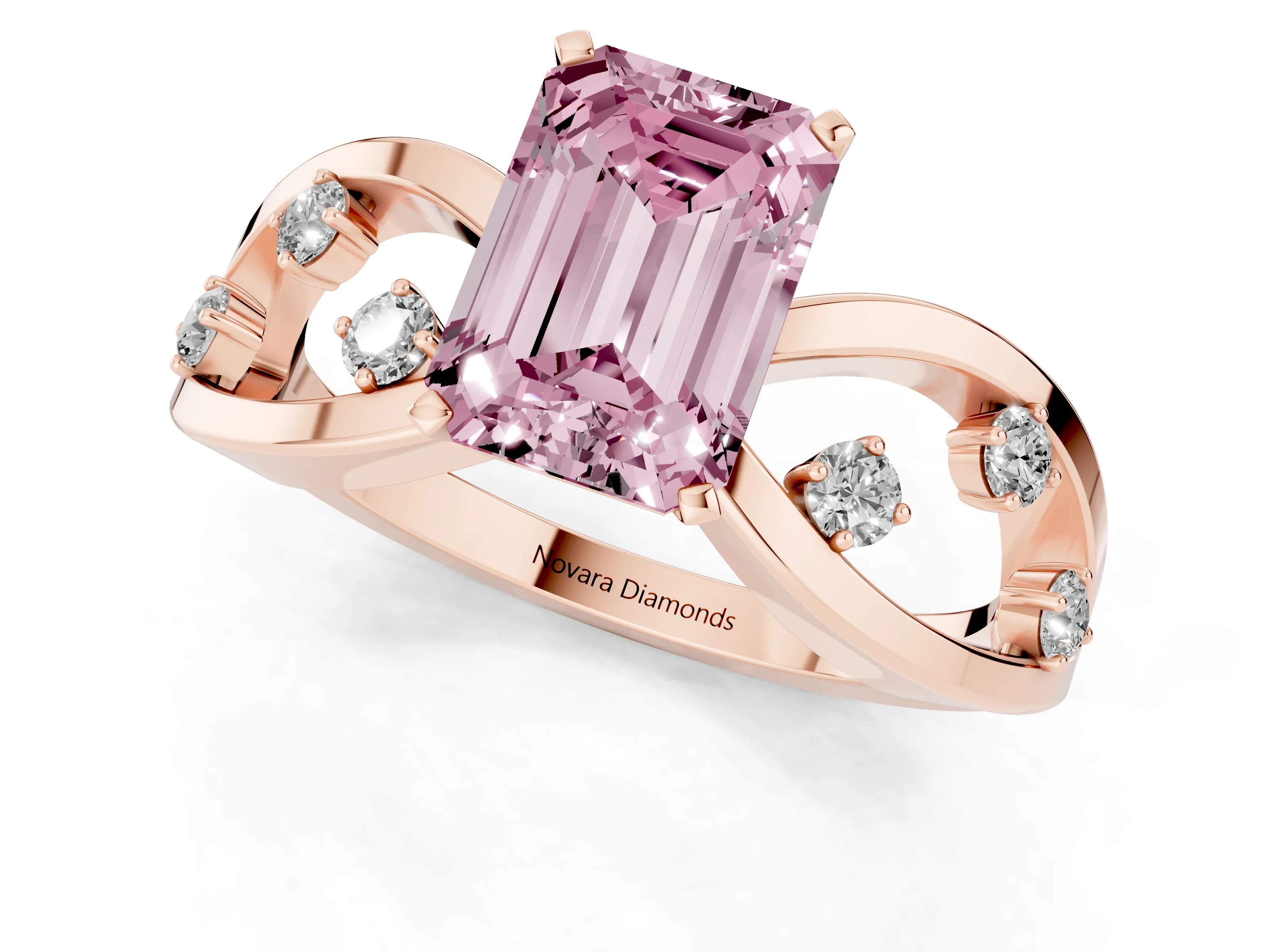 Fancy Pink Emerald Cut Diamond Solitaire Ring Set in Rose gold with Side Stones on Criss-Cross Band and Prong Setting