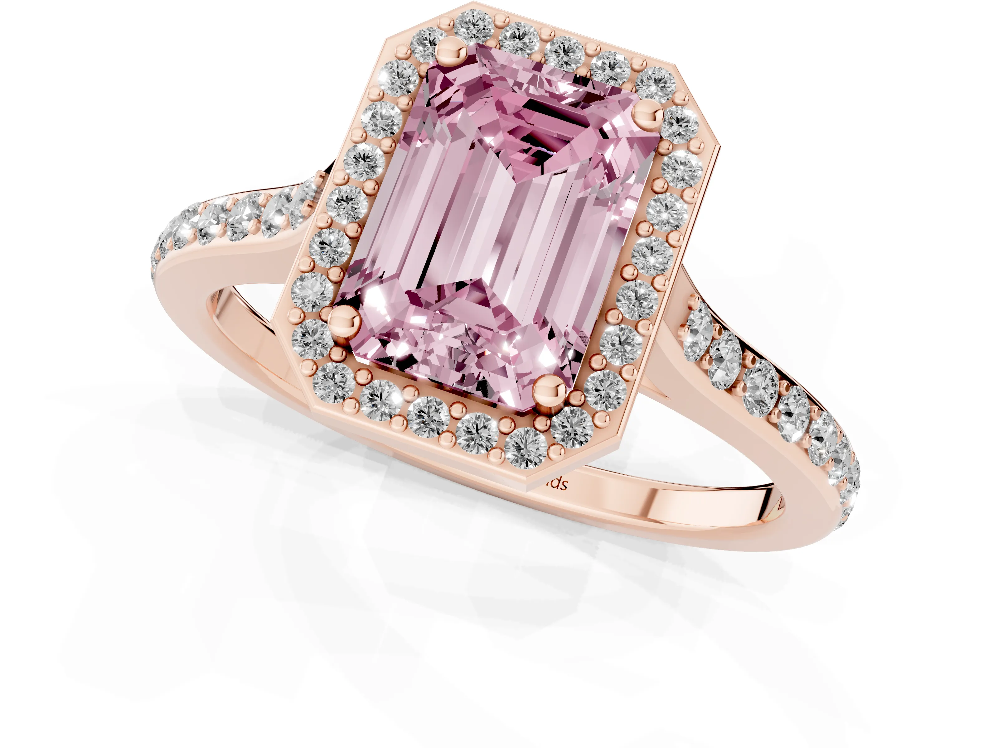 Fancy Pink Emerald Cut Diamond Halo Engagement Ring Set in Rose gold with Round Pavé Shoulders and Heart Gallery