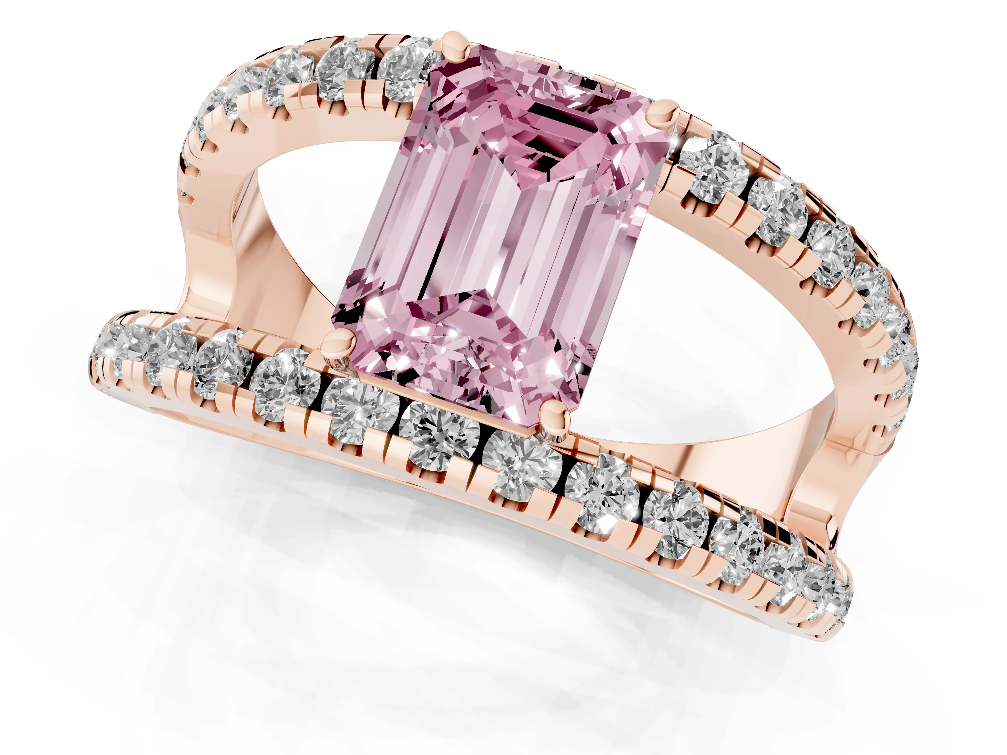 Fancy Pink Emerald Cut Diamond Split Shank Pavé Solitaire Ring Set in Rose gold with Open Shank Design