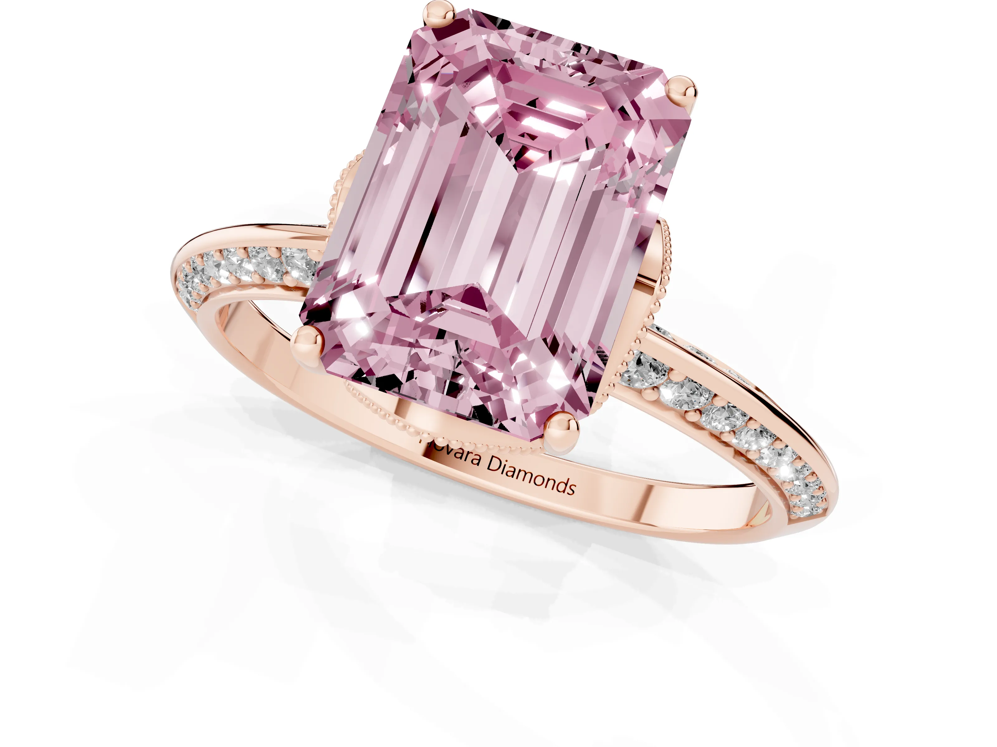 Fancy Pink Emerald Cut Diamond Solitaire Engagement Ring Set in Rose gold with Pavé Split Shank and Prong Setting