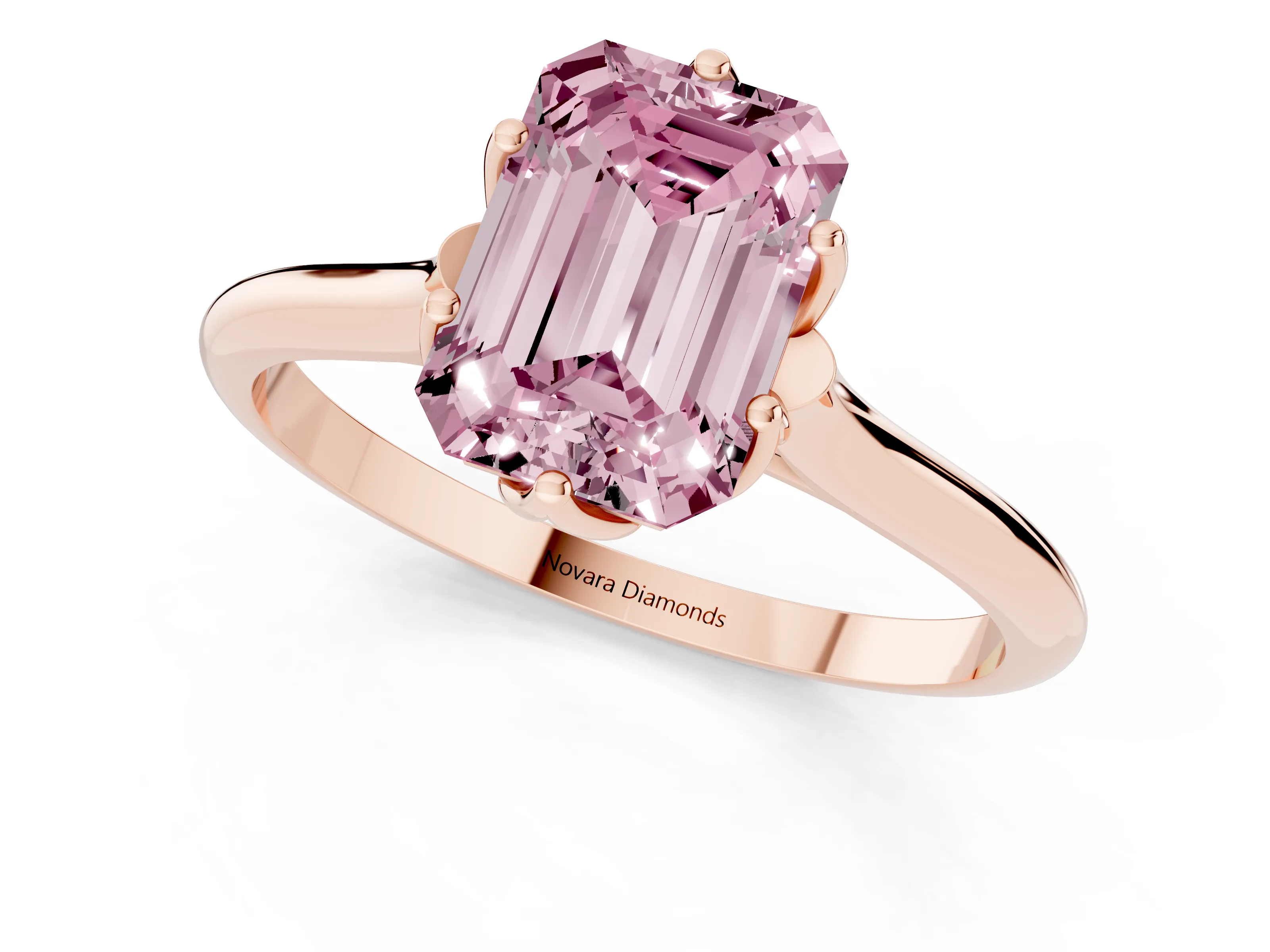 Fancy Pink Emerald Cut Diamond Solitaire Cathedral Ring Set in Rose gold with Prong Setting