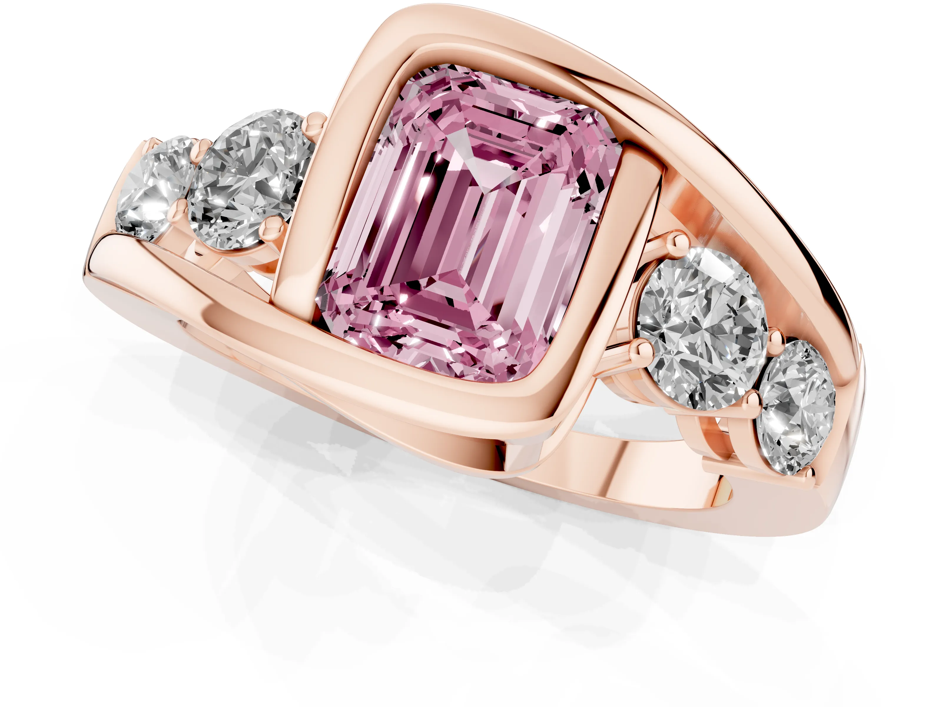 Fancy Pink Emerald Cut Diamond Bezel Bypass Ring Set in Rose gold with Round Accents
