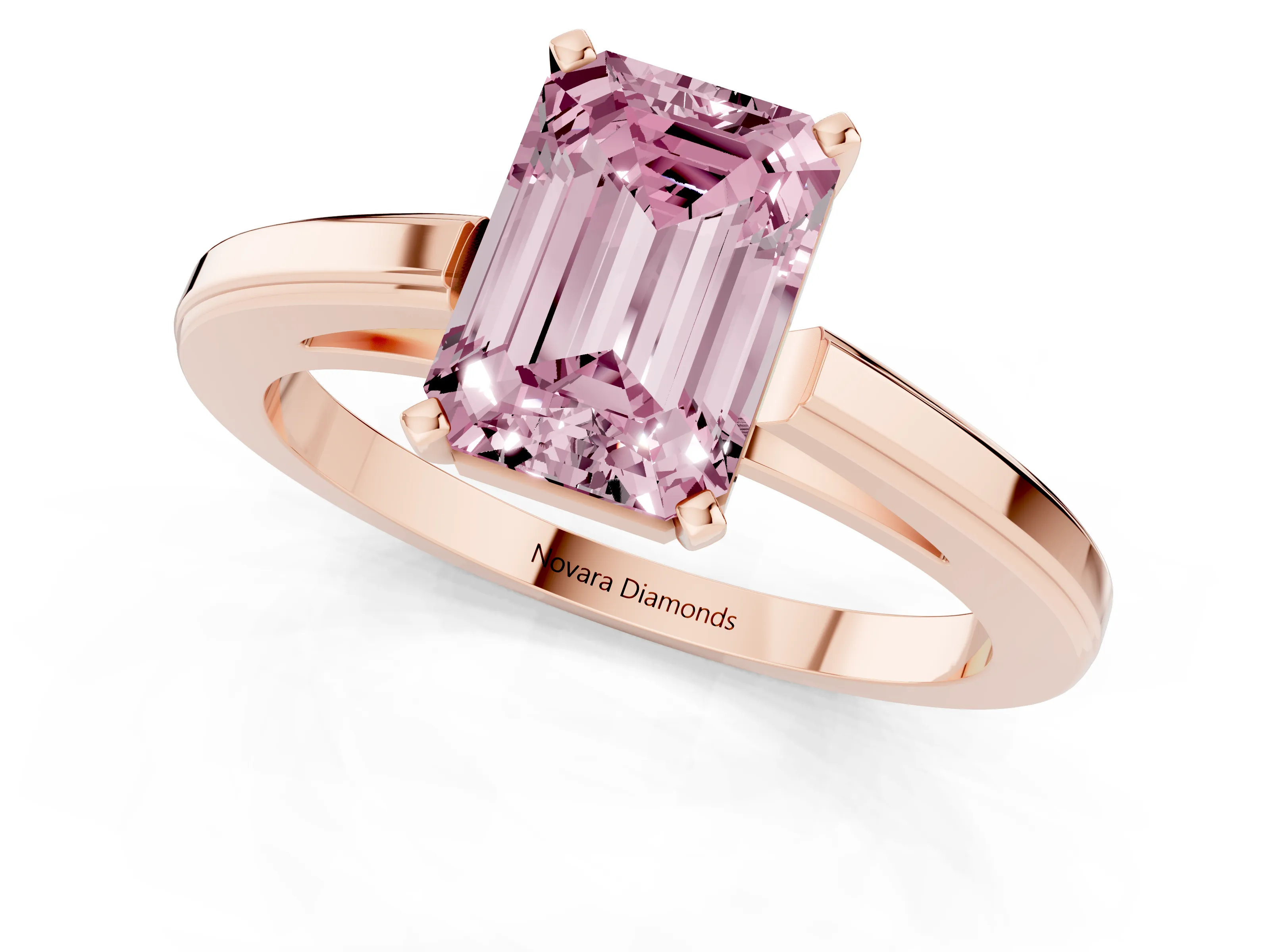 Fancy Pink Emerald Cut Diamond Solitaire Ring Set in Rose gold with Prong Setting and Classic Band