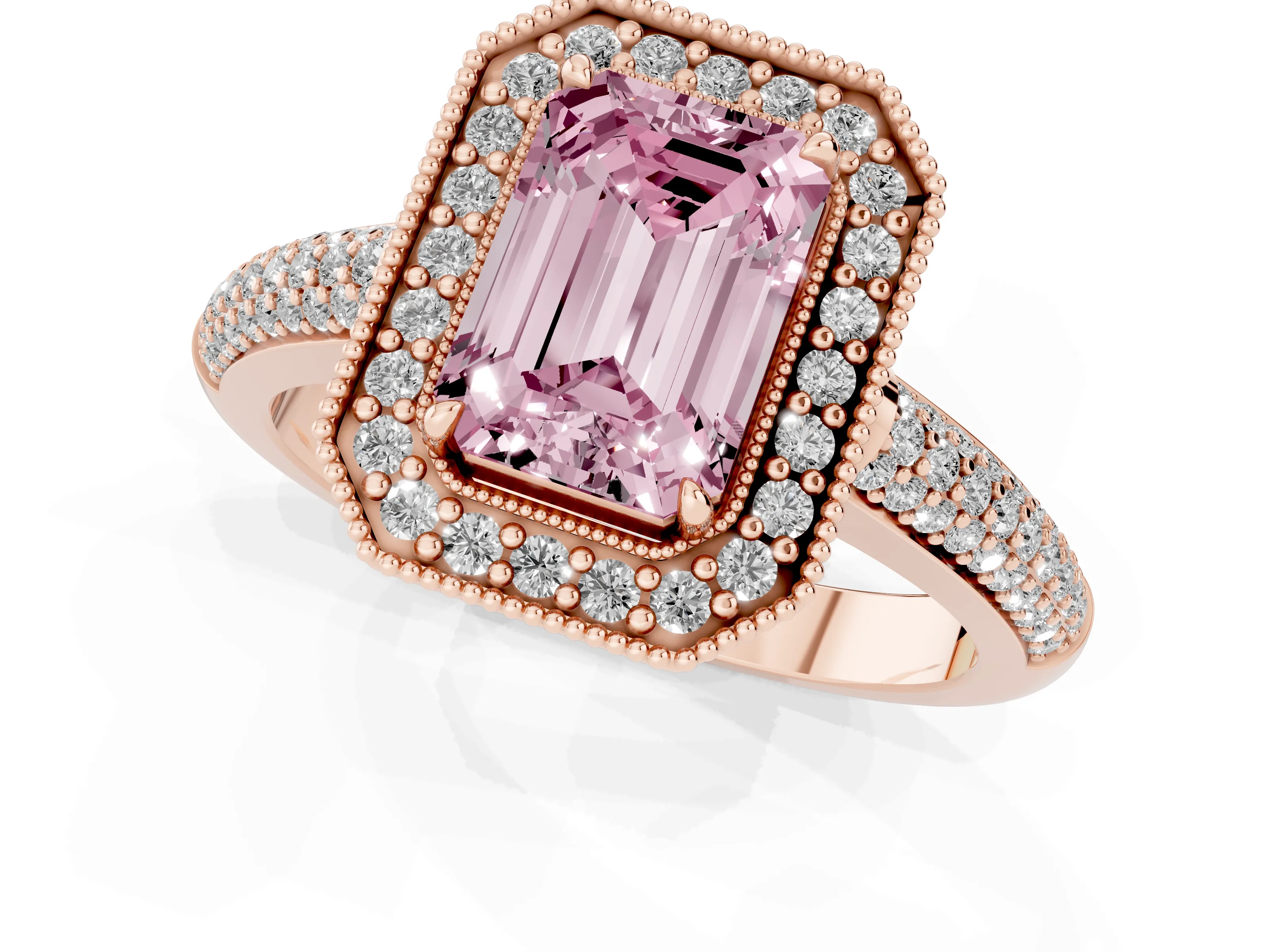 Fancy Pink Emerald Cut Diamond Halo Pavé Band Set in Rose gold with Prong Setting