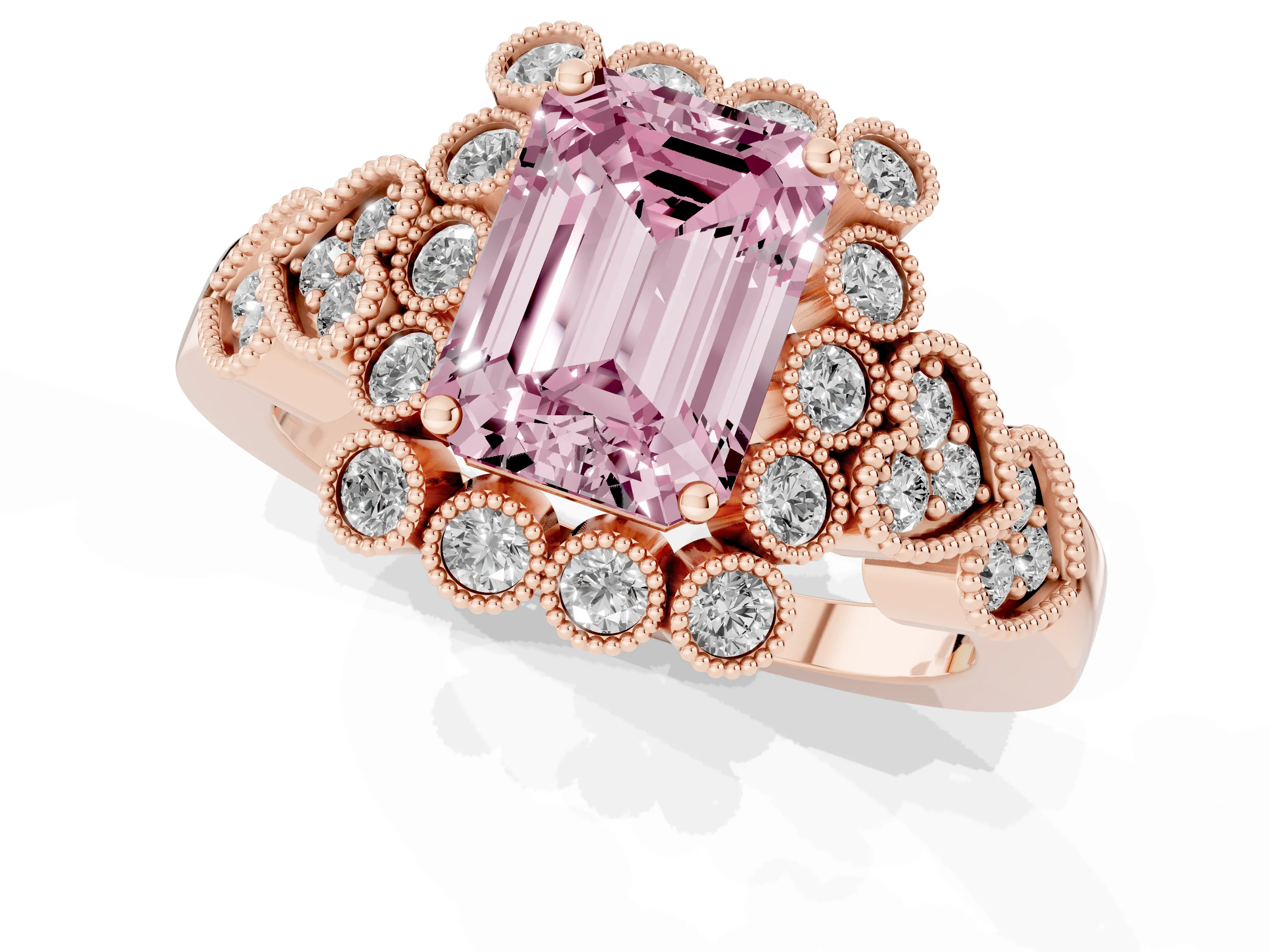Fancy Pink Emerald Cut Diamond Solitaire Ring Set in Rose gold with Milgrain Pavé Heart Band