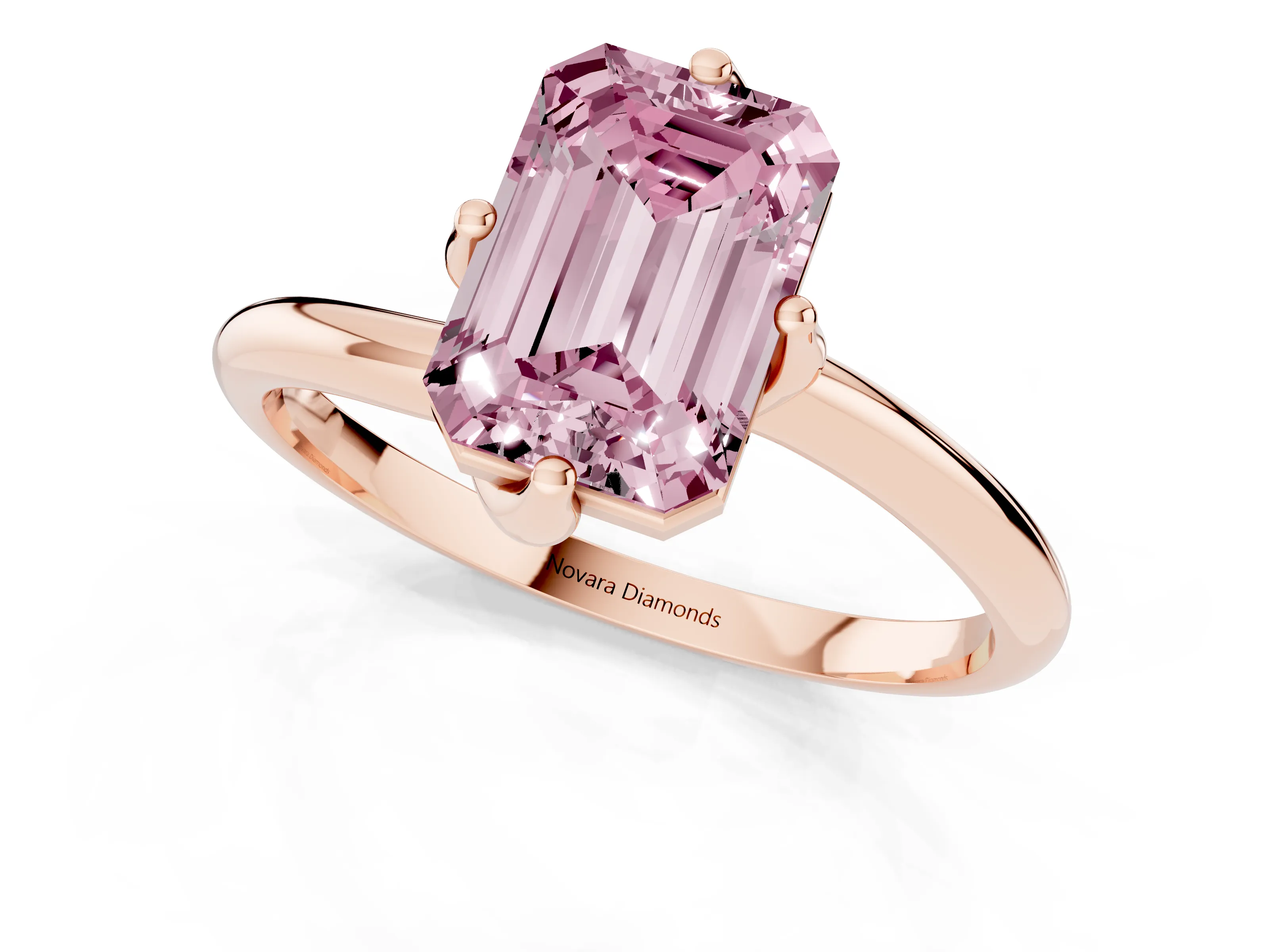 Fancy Pink Emerald Cut Diamond Solitaire Engagement Ring Set in Rose gold with Classic Plain Band