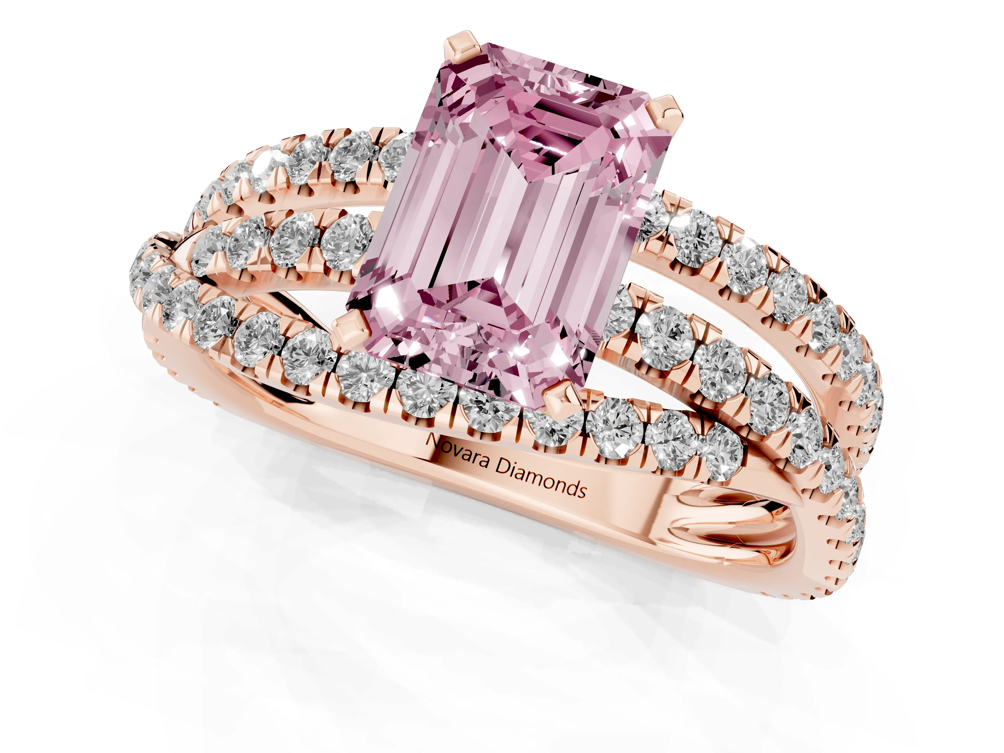 Fancy Pink Emerald Cut Diamond Solitaire Twist Band Ring Set in Rose gold with Pavé Setting and Prong Head