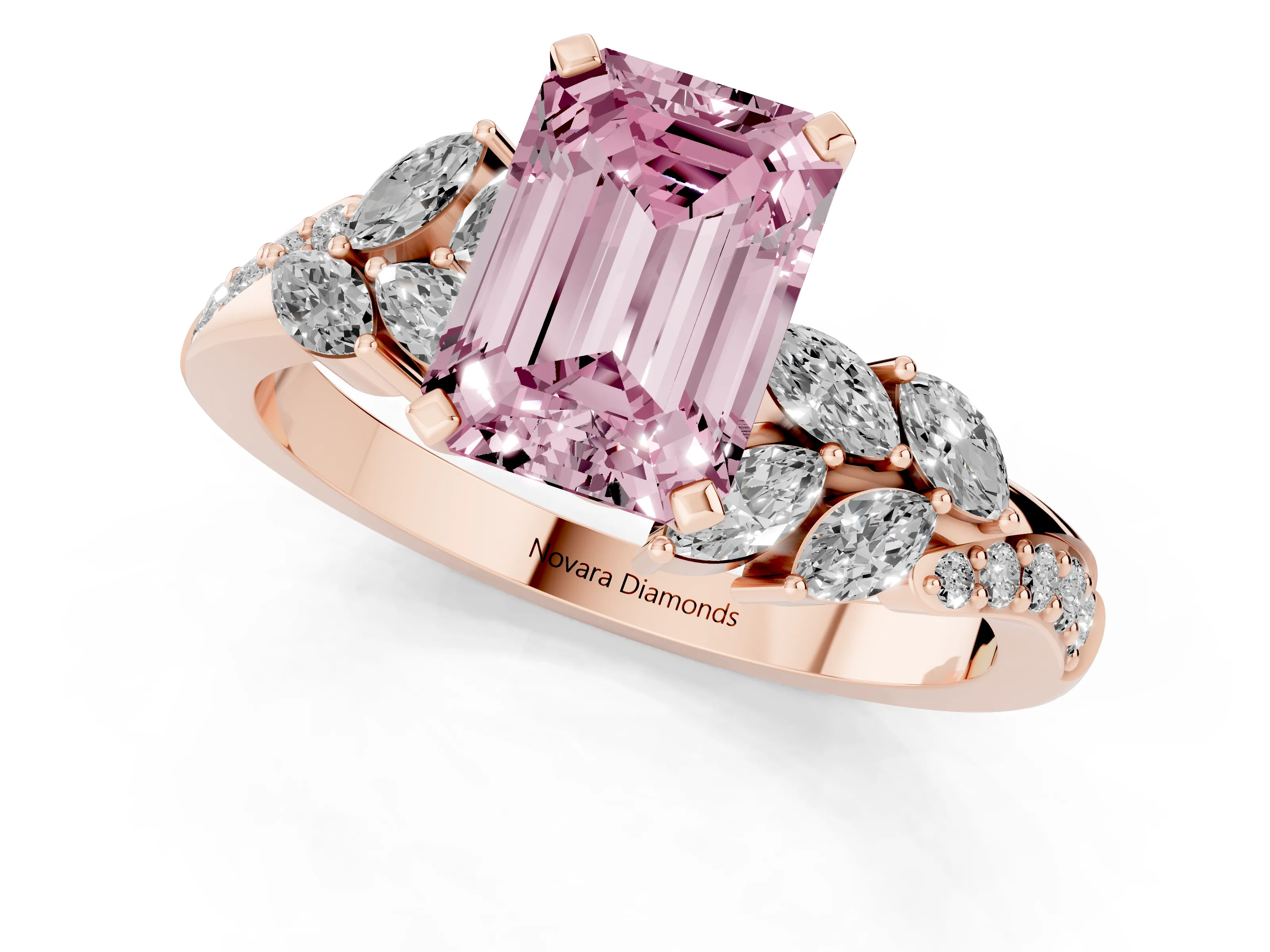 Fancy Pink Emerald Cut Diamond Solitaire Ring Set in Rose gold with Marquise Twist Band and Prong Setting