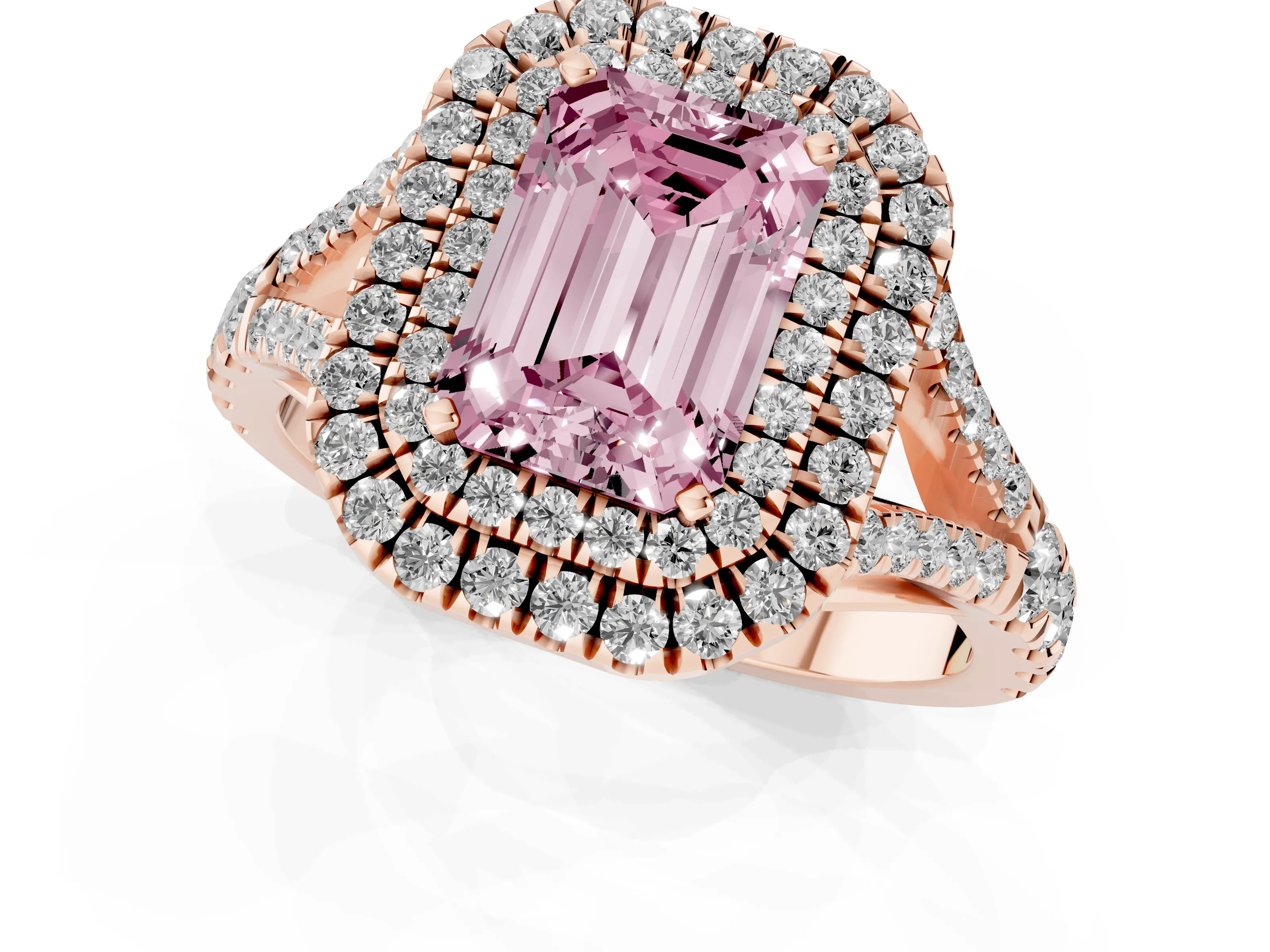Fancy Pink Emerald Cut Diamond Pavé Split Shank Double Halo Engagement Ring Set in Rose gold