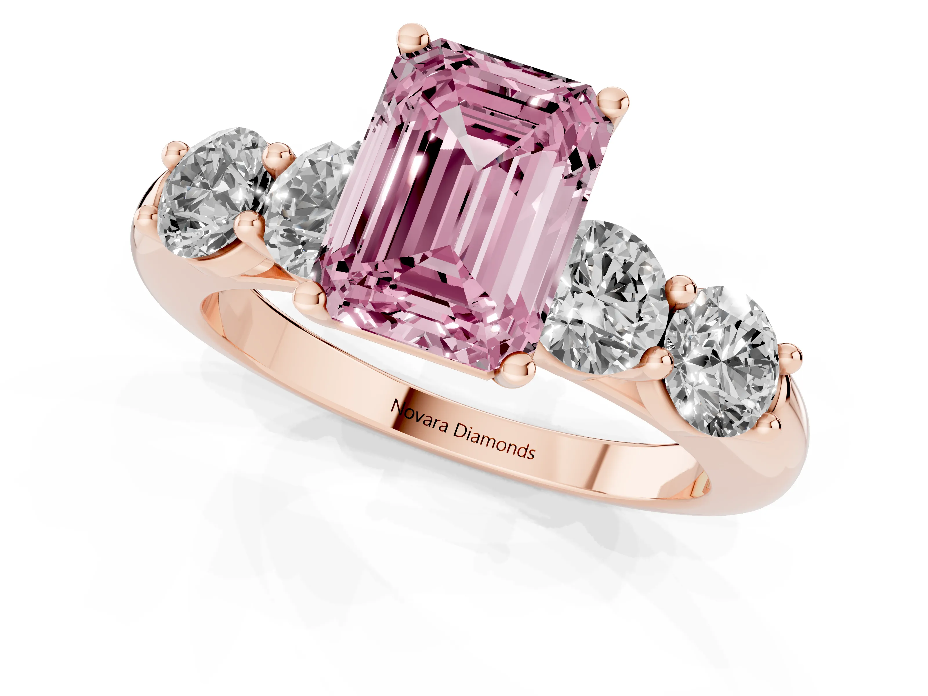 Fancy Pink Emerald Cut Diamond Five-Stone Prong Set Ring Set in Rose gold with Classic Band
