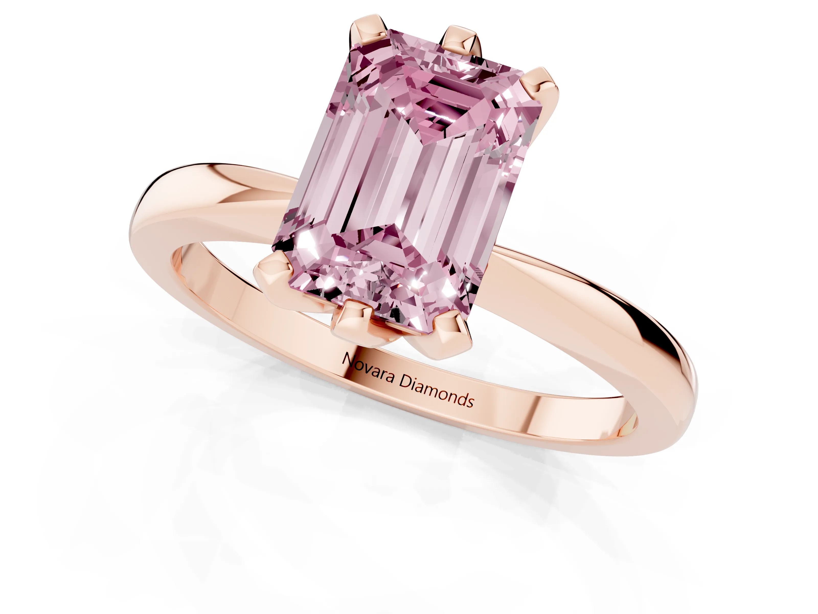 Fancy Pink Emerald Cut Diamond Solitaire Engagement Ring Set in Rose gold with Slim Tapered Solitaire Band