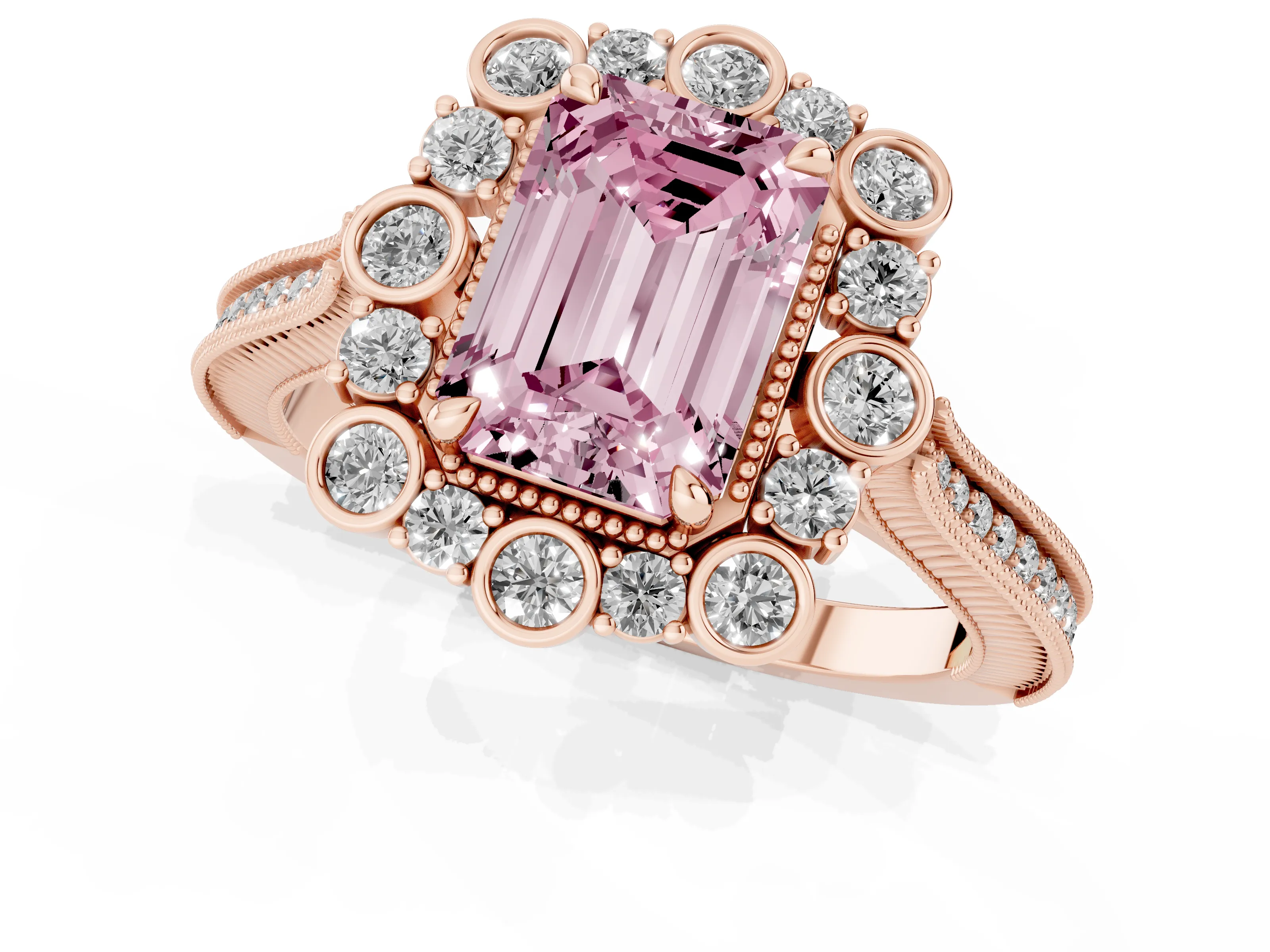 Fancy Pink Emerald Cut Diamond Halo Milgrain Pavé Ring Set in Rose gold with Prong Setting
