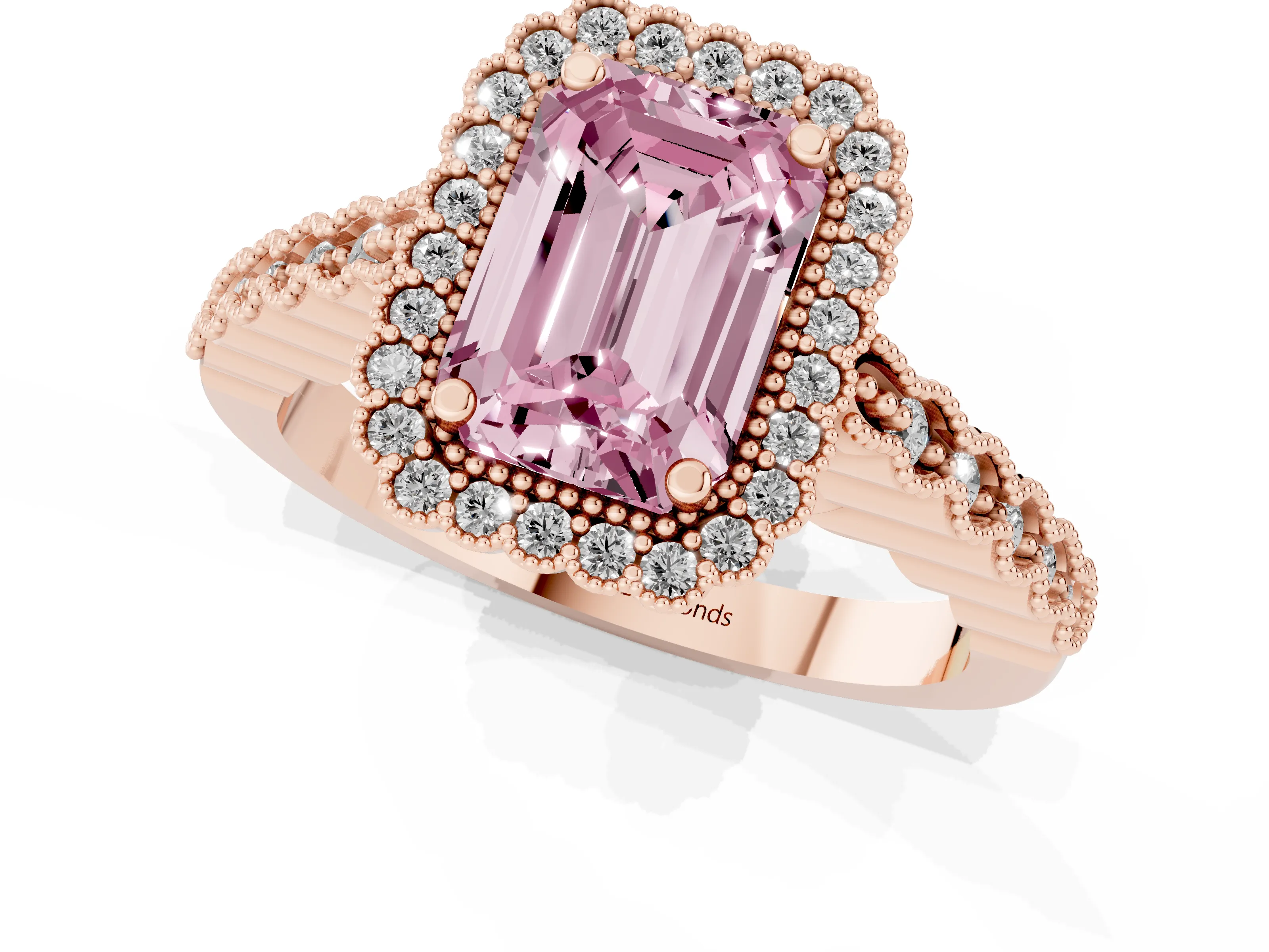 Fancy Pink Emerald Cut Diamond Halo Ring Set in Rose gold with Pavé Milgrain Band