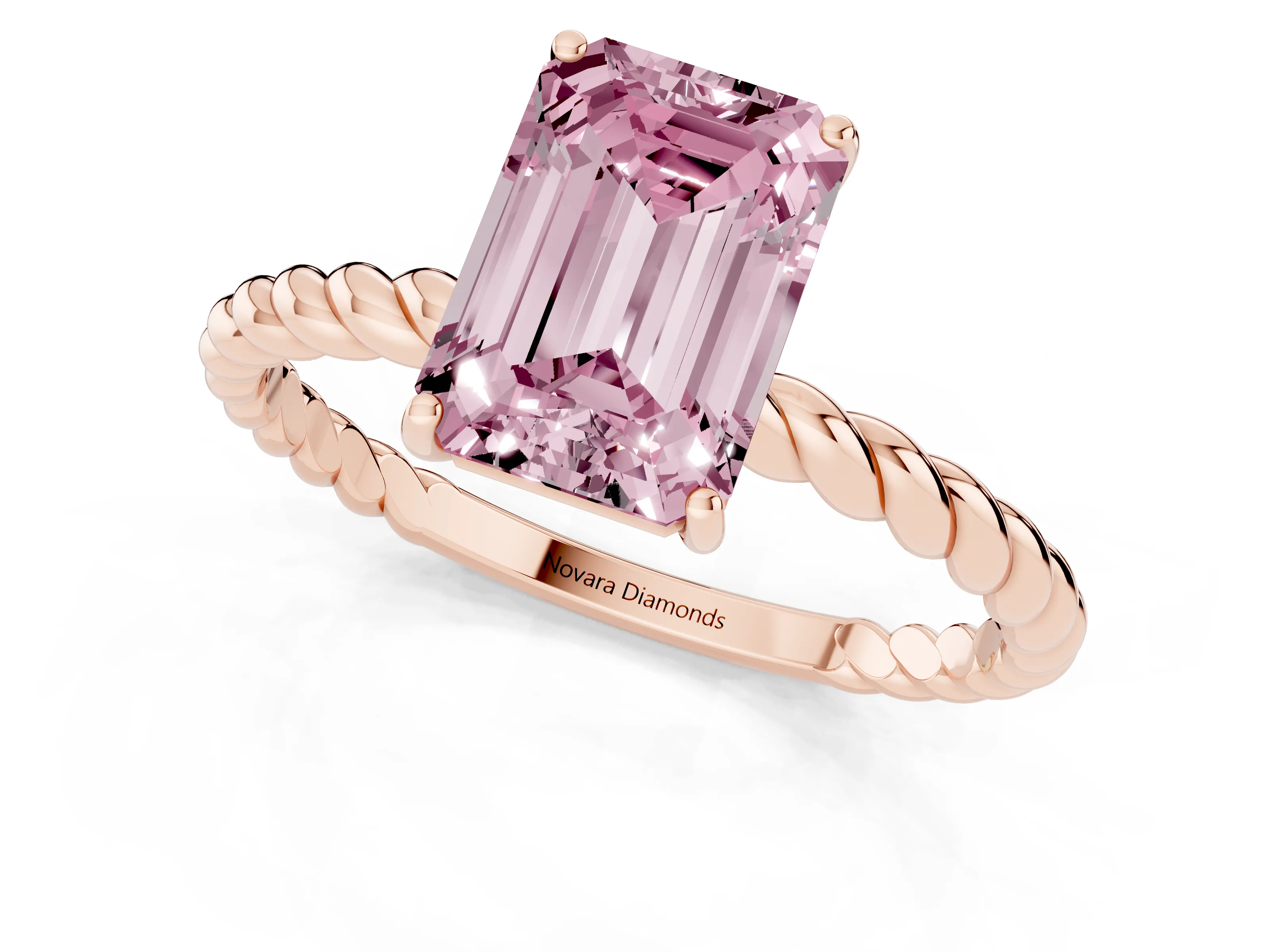 Fancy Pink Emerald Cut Diamond Solitaire Ring Set in Rose gold with Twist Band and Prong Setting