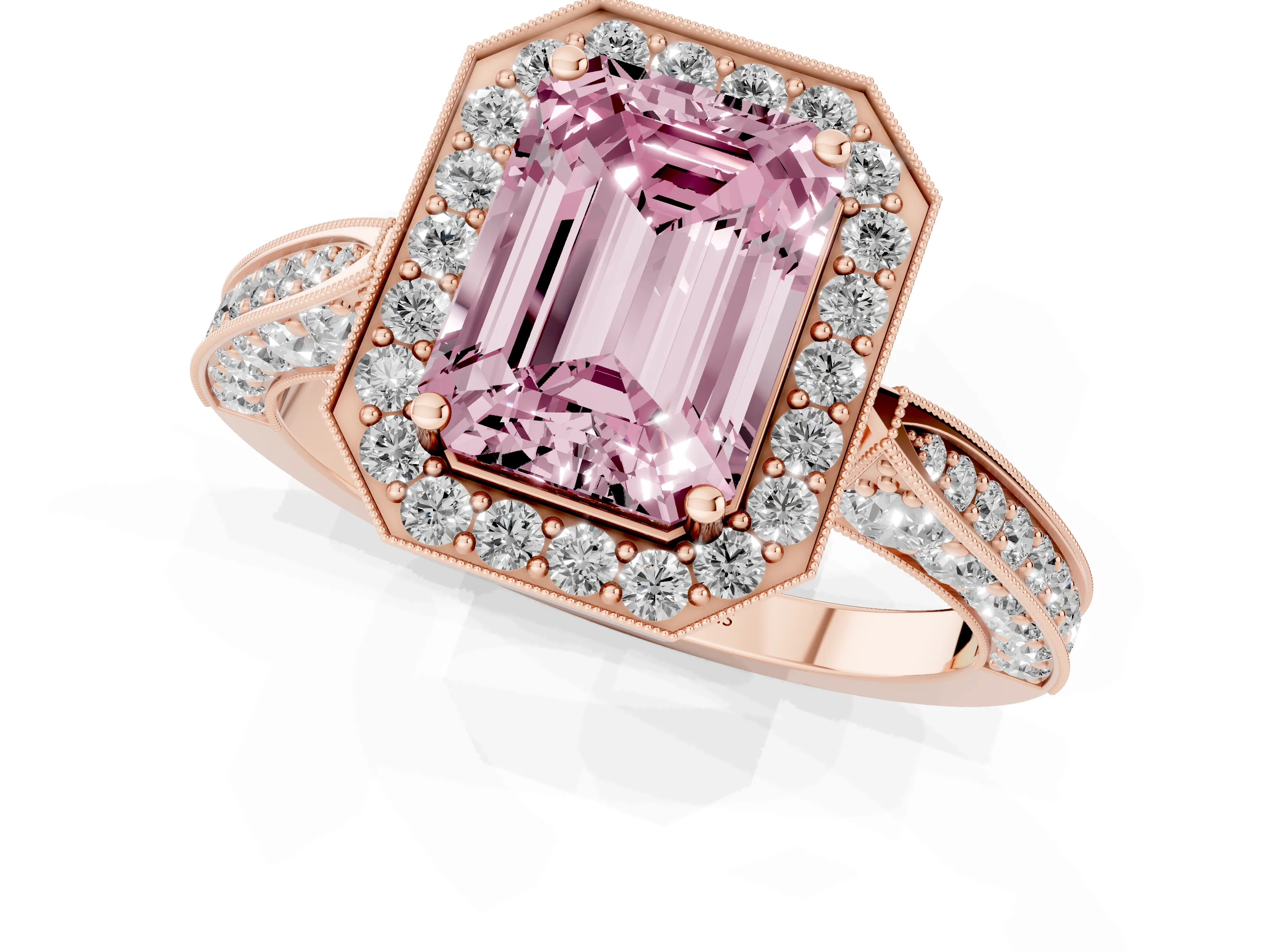 Fancy Pink Emerald Cut Diamond Halo Engagement Ring Set in Rose gold with Accent Split Shank Band